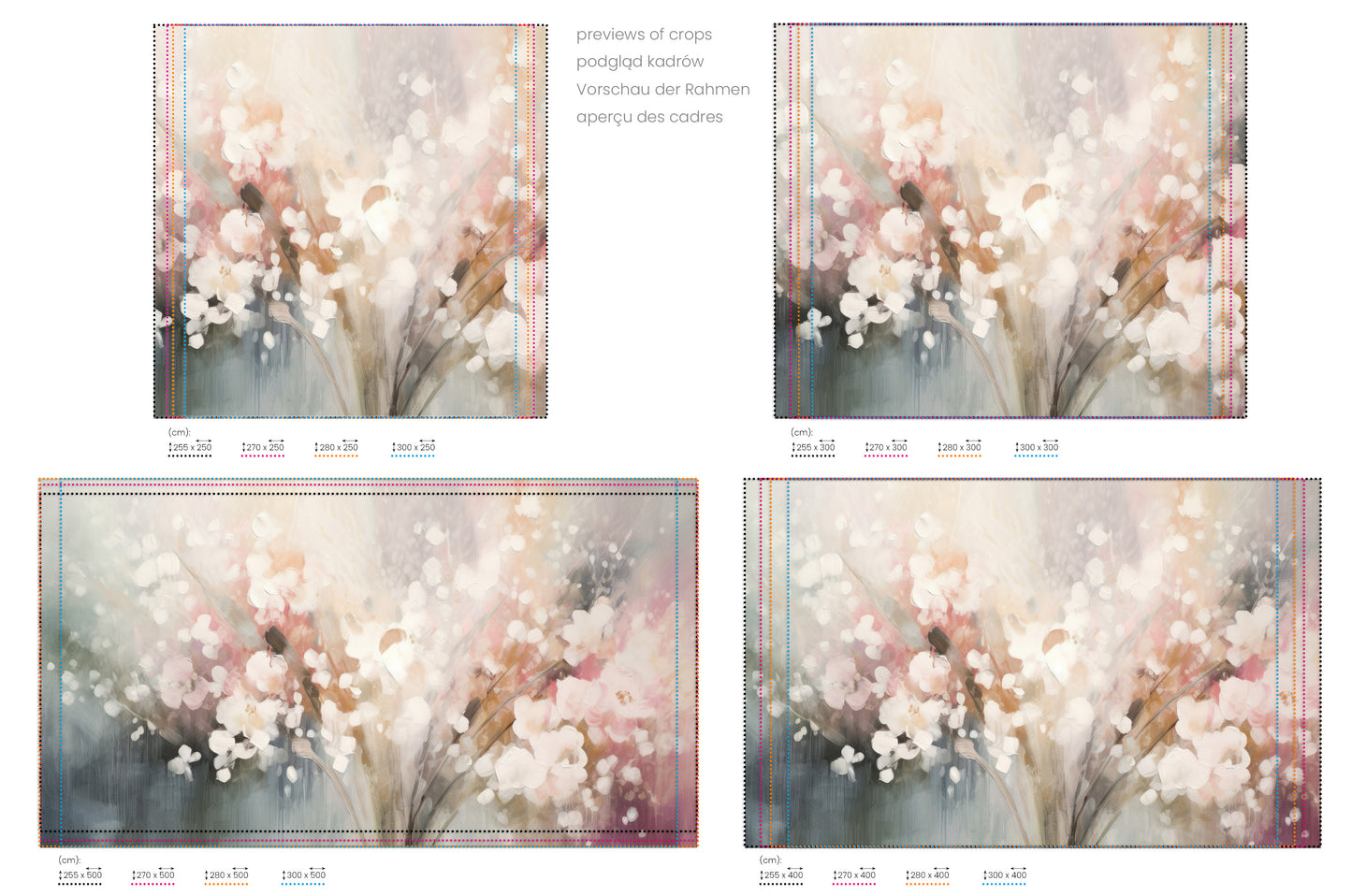 Na obrazie znajduje się prezentacja przykładowych rozmiarów fototapety o nazwie Blossom Softness. Rozmiar fototapety jest dowolny.