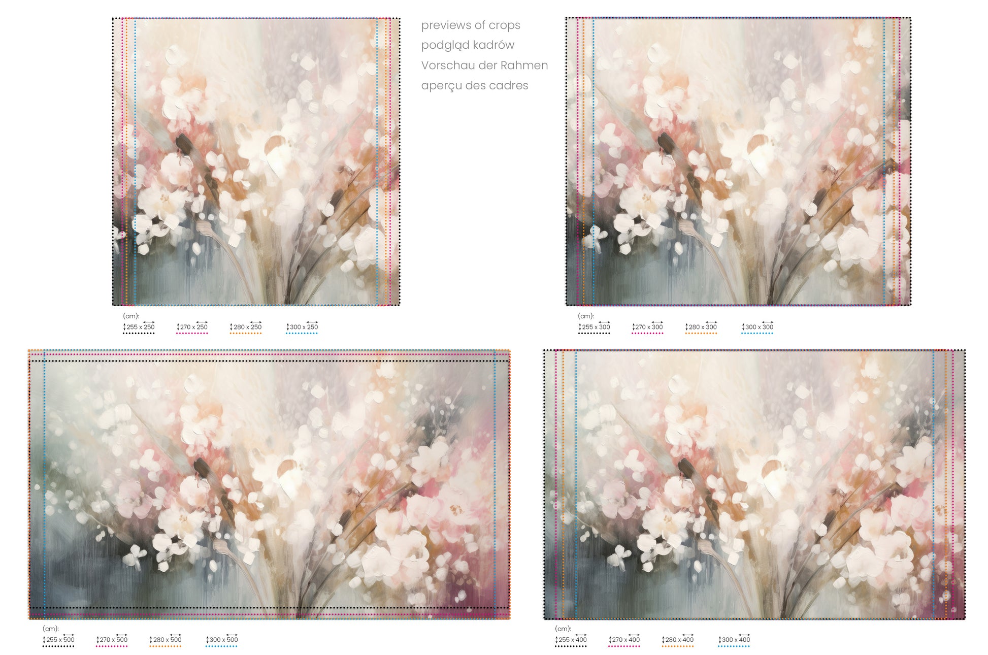 Na obrazie znajduje się prezentacja przykładowych rozmiarów fototapety o nazwie Blossom Softness. Rozmiar fototapety jest dowolny.