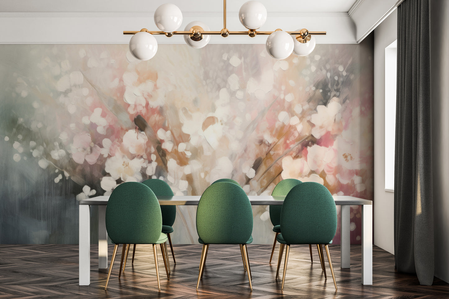 Wzór fototapety artystycznej o nazwie Blossom Softness pokazanej w aranżacji wnętrza.