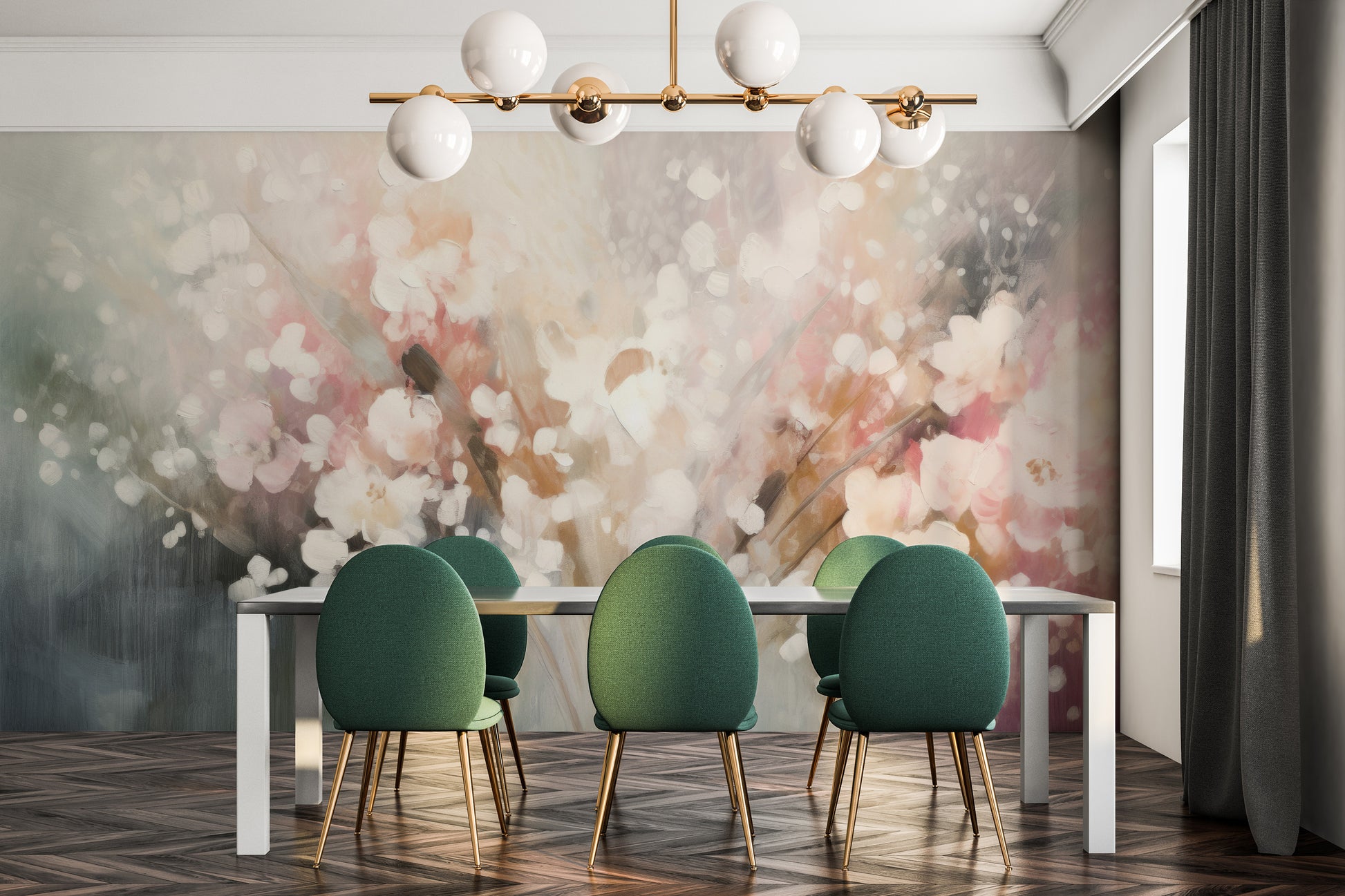 Wzór fototapety artystycznej o nazwie Blossom Softness pokazanej w aranżacji wnętrza.