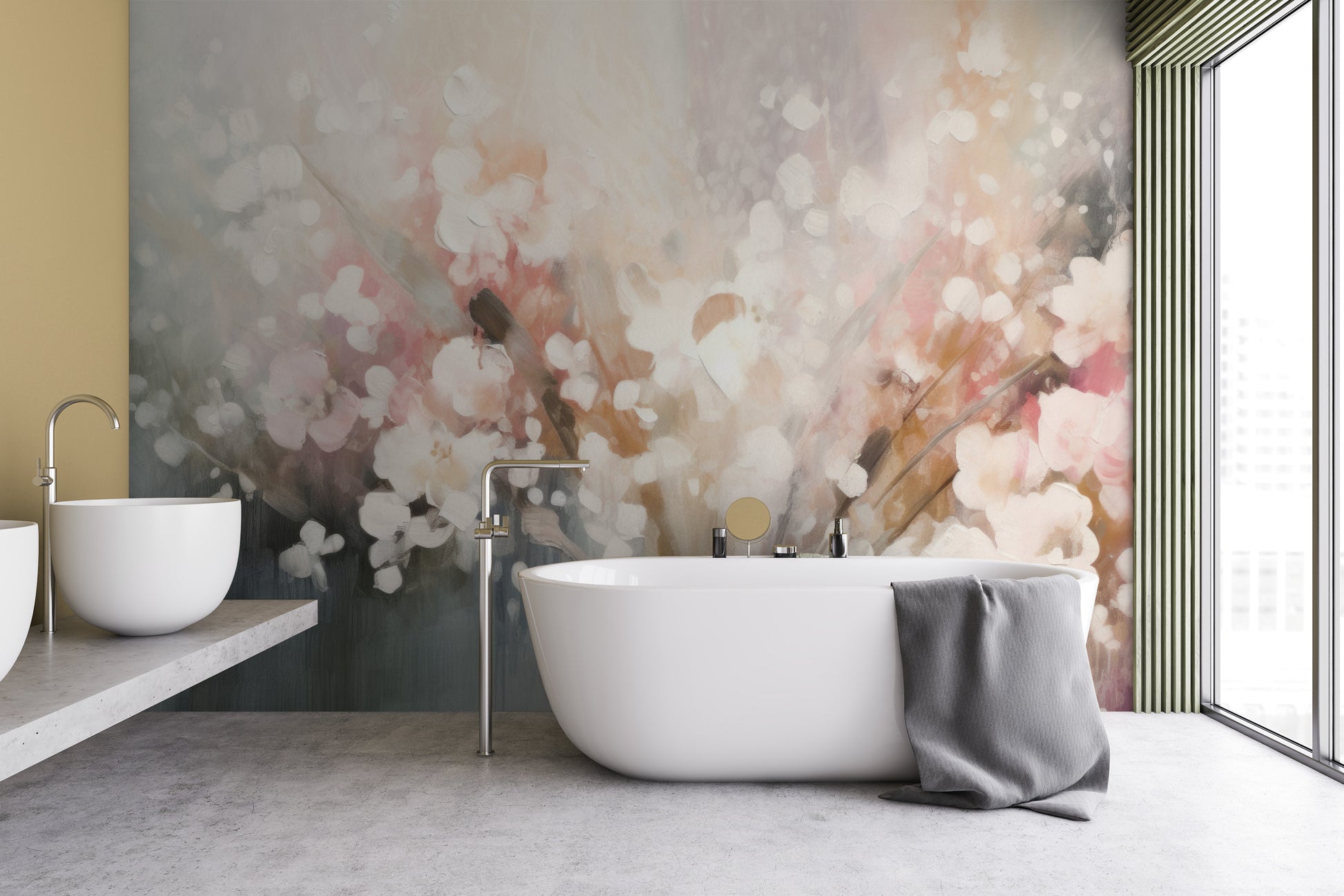 Wzór fototapety o nazwie Blossom Softness pokazanej w kontekście pomieszczenia.