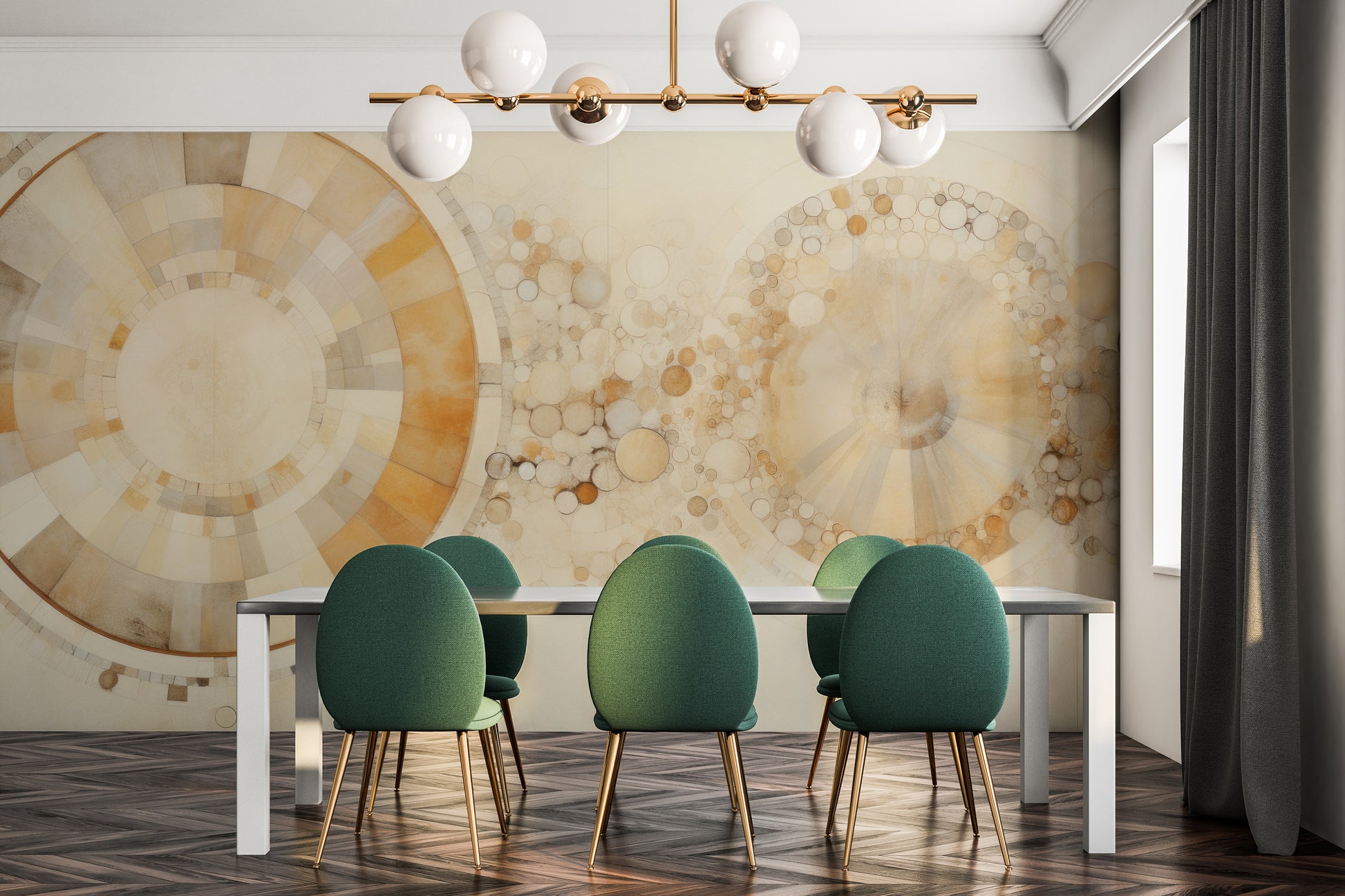 Wzór fototapety malowanej o nazwie ETHEREAL SPHERES AND RINGS pokazanej w aranżacji wnętrza.
