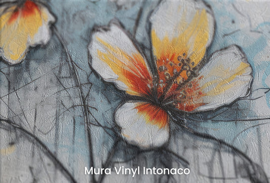 Zbliżenie na artystyczną fototapetę o nazwie URBAN SPLASH FLORA na podłożu Mura Vinyl Intonaco - struktura tartego tynku.