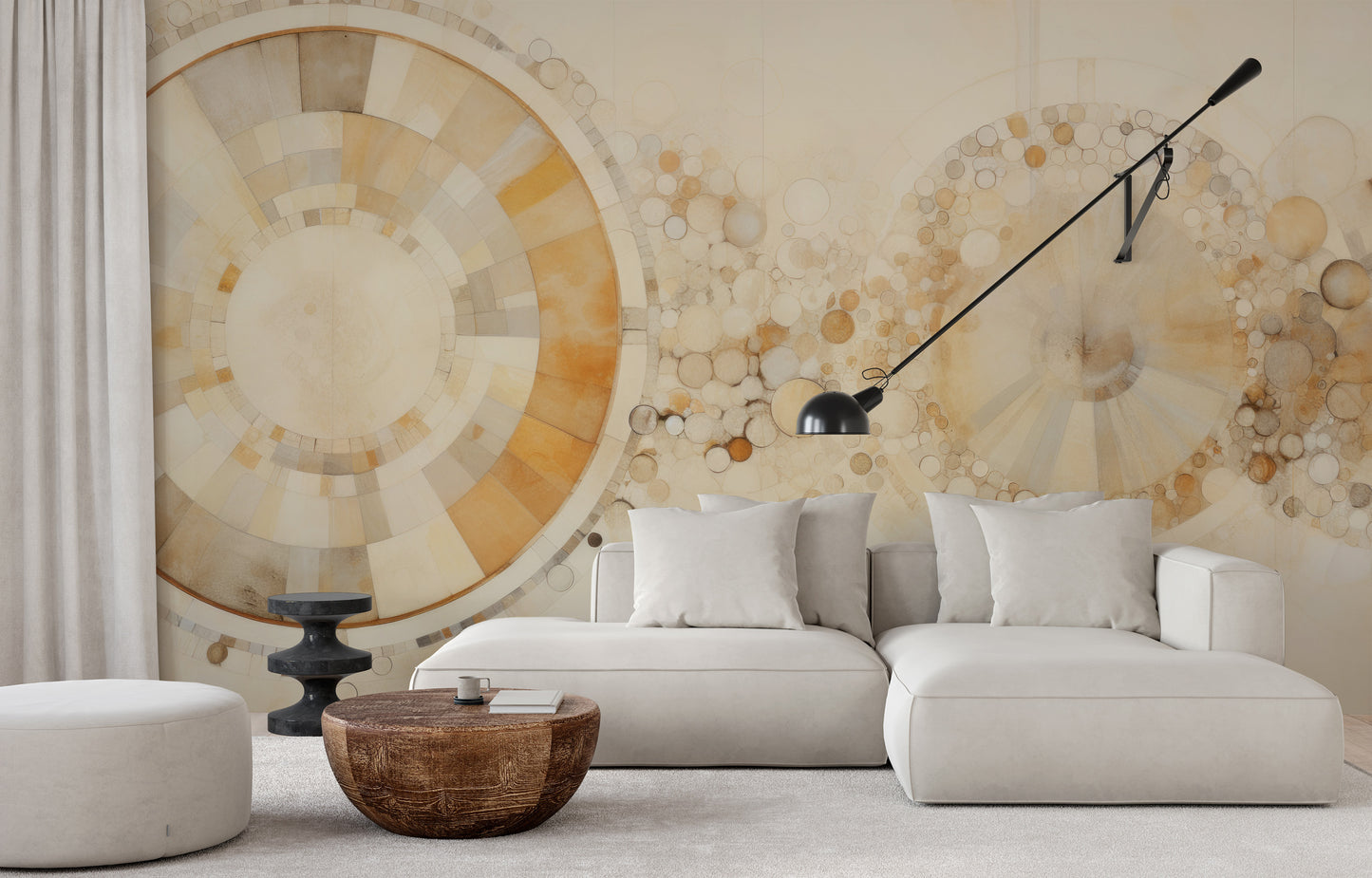Zdjęcie prezentuje aranżację wnętrza z użyciem fototapety o nazwie ETHEREAL SPHERES AND RINGS pokazanej w aranżacji wnętrza.