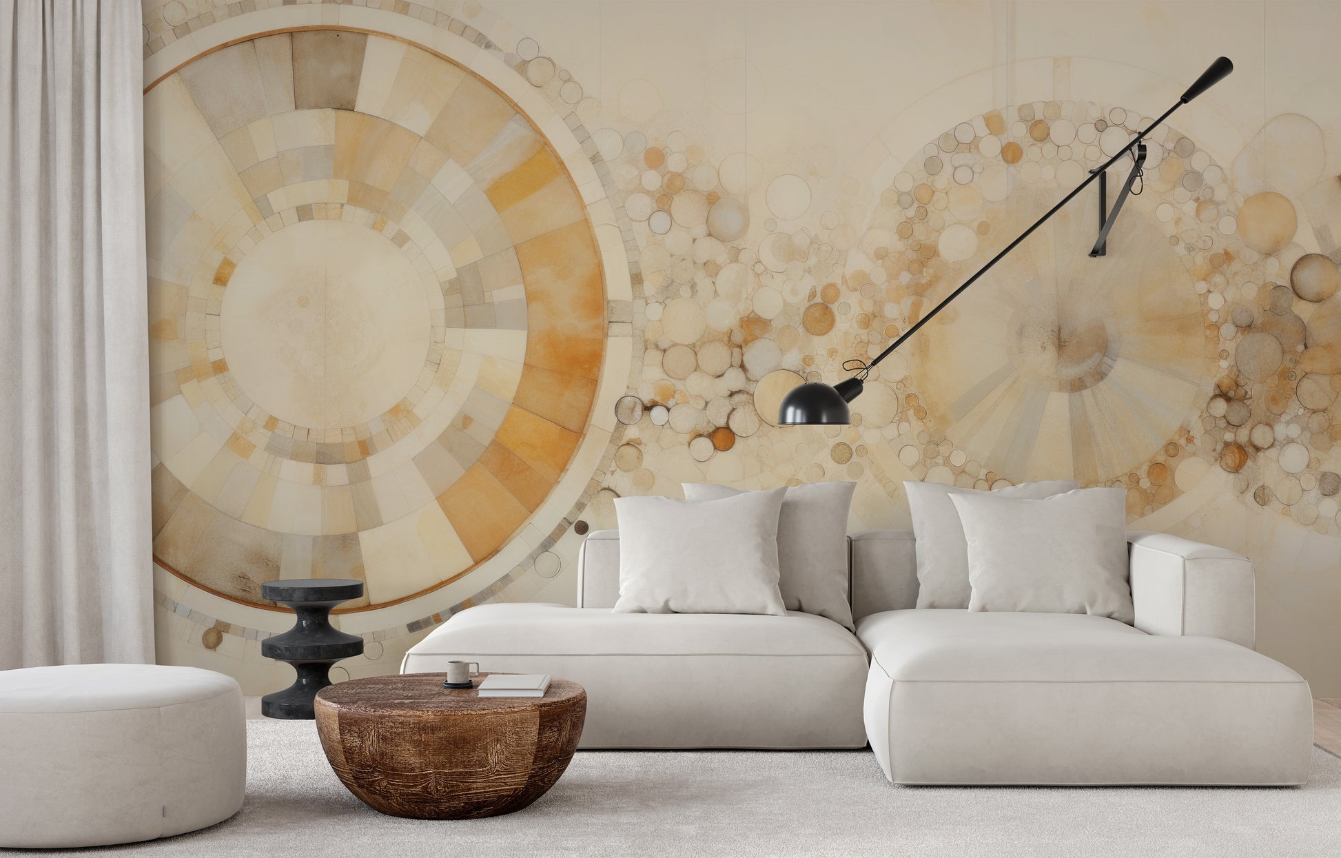 Zdjęcie prezentuje aranżację wnętrza z użyciem fototapety o nazwie ETHEREAL SPHERES AND RINGS pokazanej w aranżacji wnętrza.