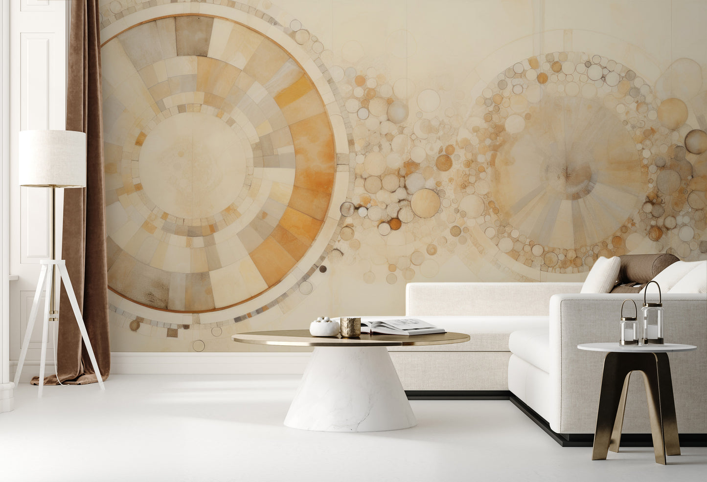 Fototapeta artystyczna o nazwie ETHEREAL SPHERES AND RINGS pokazana w aranżacji wnętrza.
