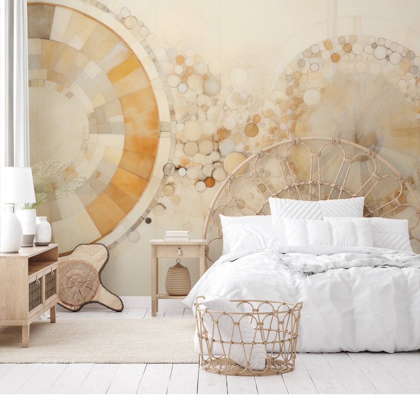 Wzór fototapety o nazwie ETHEREAL SPHERES AND RINGS pokazanej w kontekście pomieszczenia.