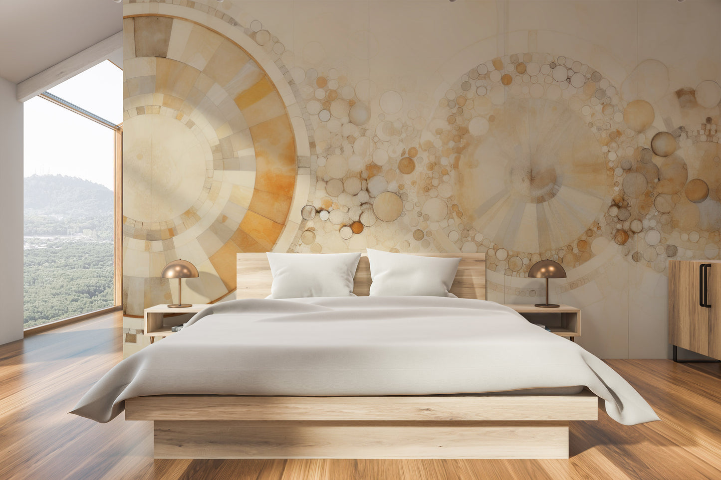 Wzór fototapety artystycznej o nazwie ETHEREAL SPHERES AND RINGS pokazanej w aranżacji wnętrza.