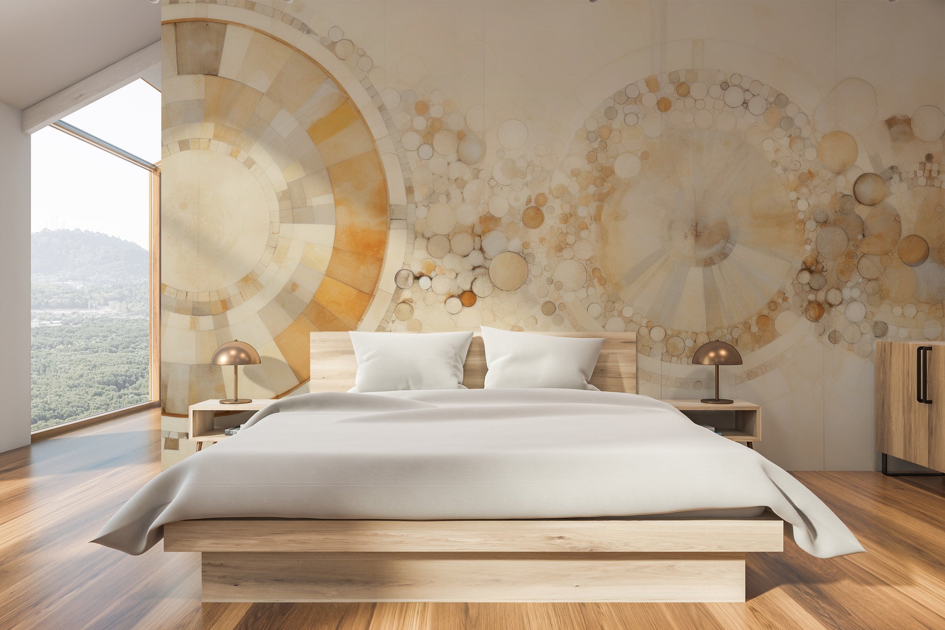 Wzór fototapety artystycznej o nazwie ETHEREAL SPHERES AND RINGS pokazanej w aranżacji wnętrza.