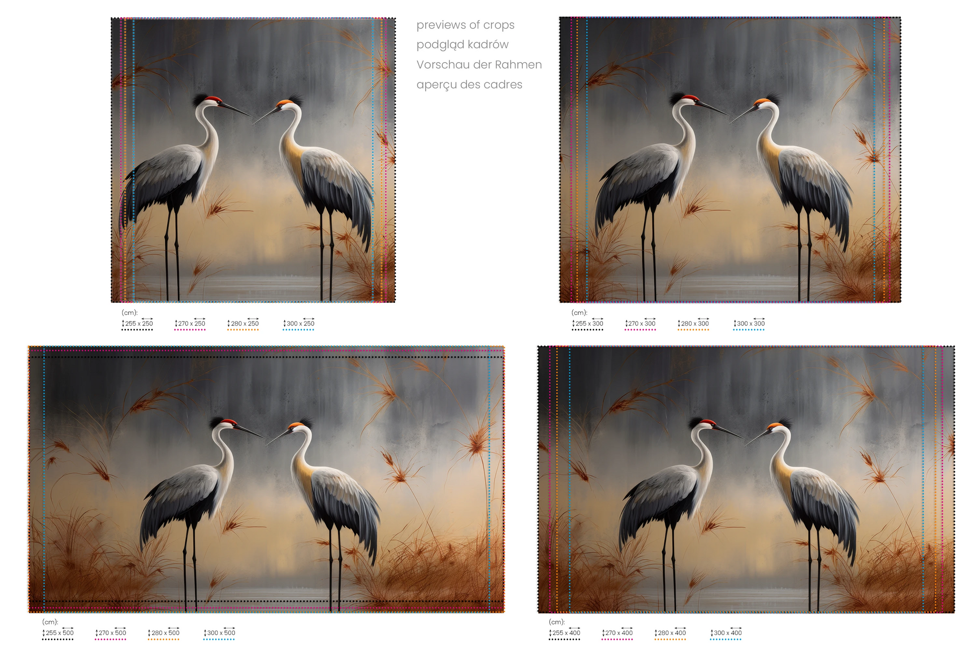 Na obrazie znajduje się prezentacja przykładowych rozmiarów fototapety o nazwie Reflection of Dawn. Rozmiar fototapety jest dowolny.