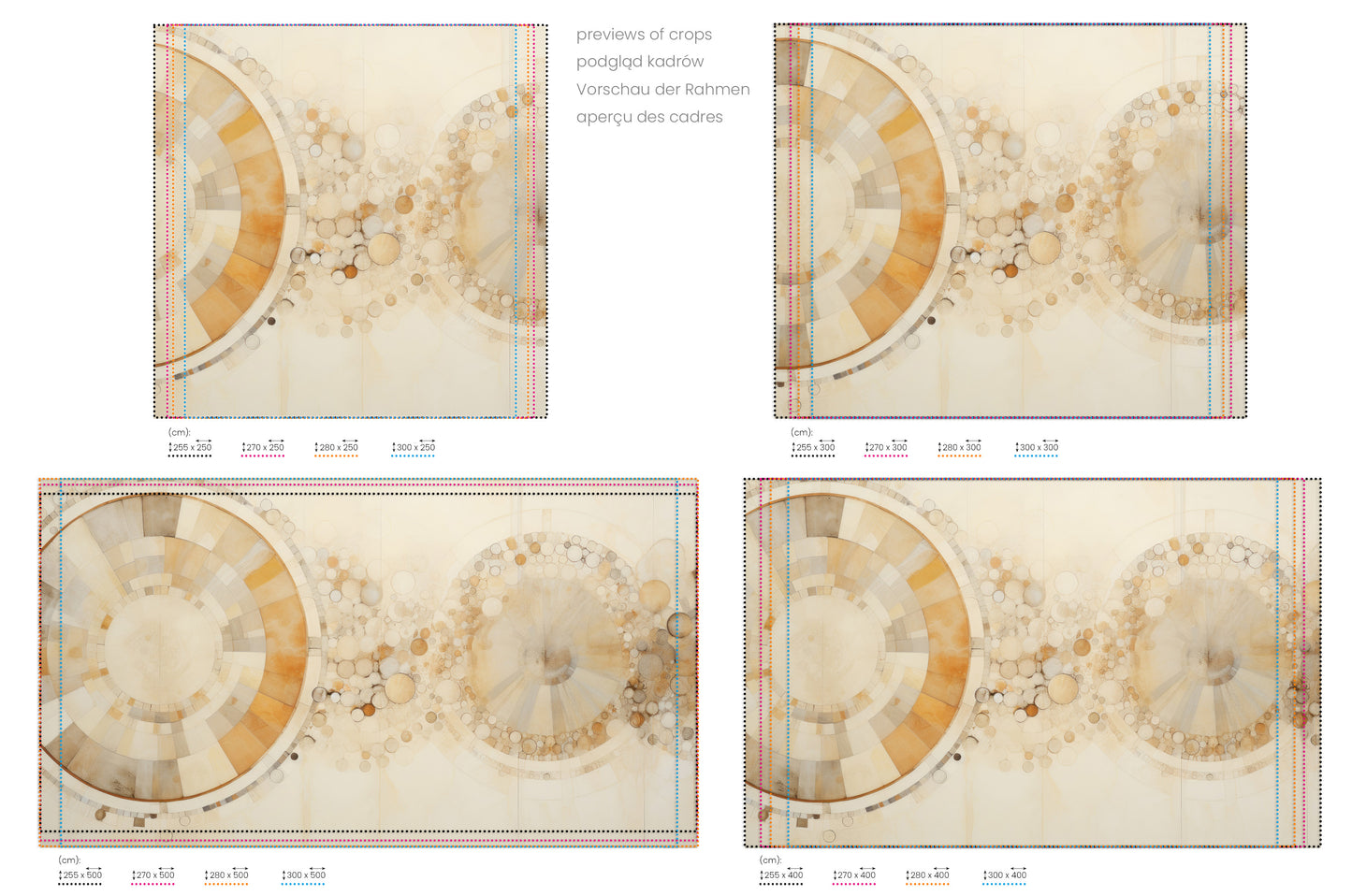 Na obrazie znajduje się prezentacja przykładowych rozmiarów fototapety o nazwie ETHEREAL SPHERES AND RINGS. Rozmiar fototapety jest dowolny.