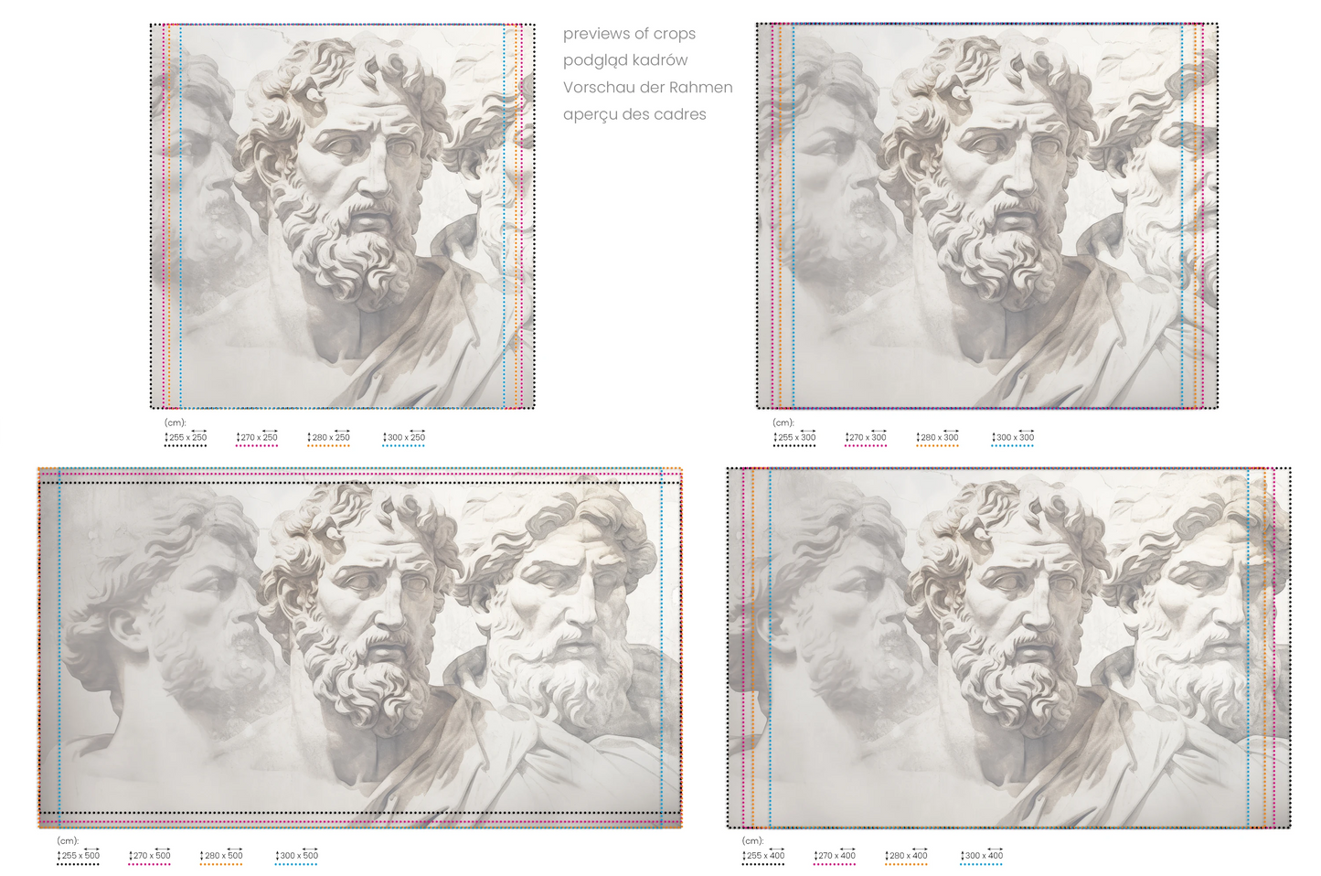 Na obrazie znajduje się prezentacja przykładowych rozmiarów fototapety o nazwie Stoic's Resolve. Rozmiar fototapety jest dowolny.