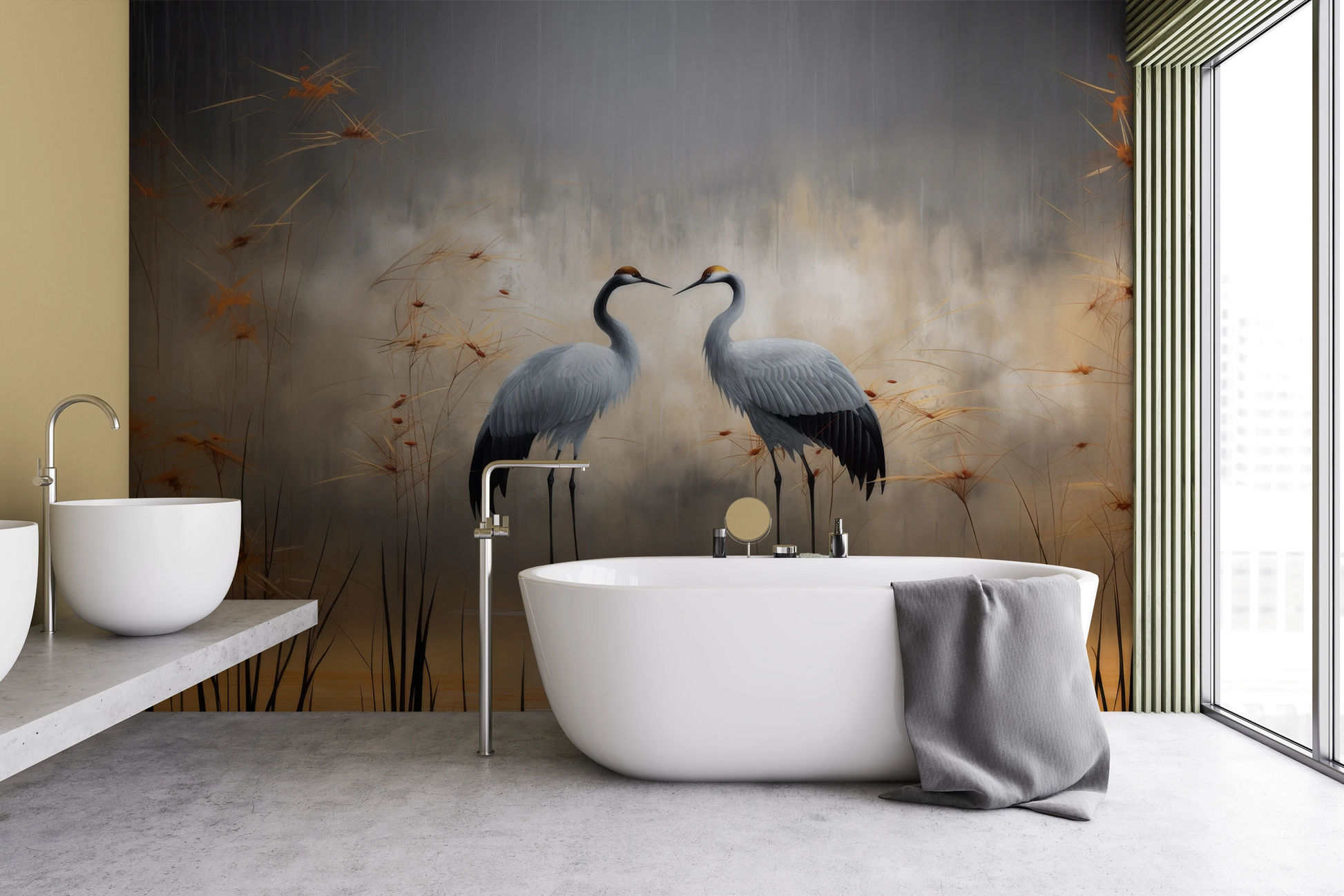 Wzór fototapety artystycznej o nazwie Twilight Serenity pokazanej w aranżacji wnętrza.