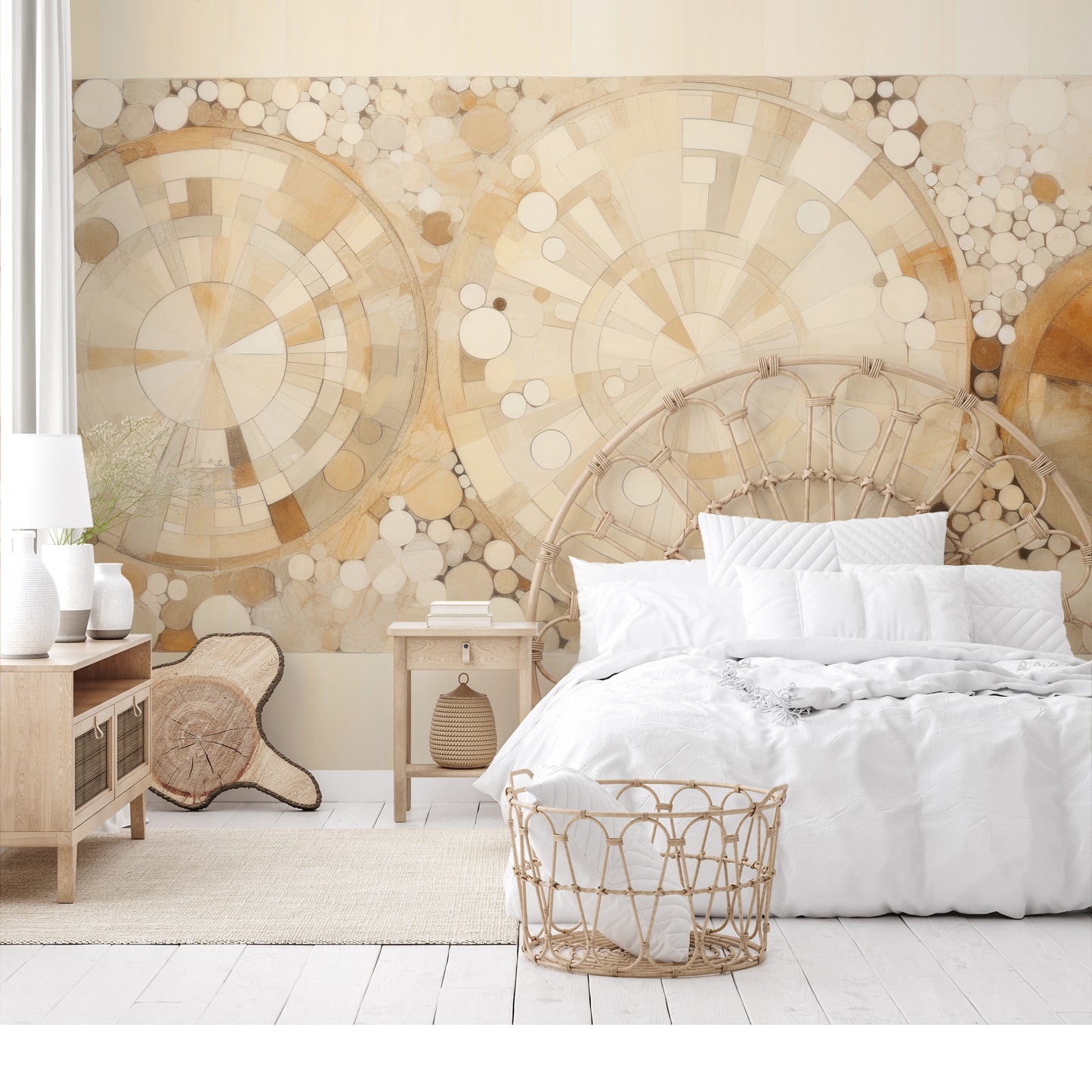 Zdjęcie prezentuje aranżację wnętrza z użyciem fototapety o nazwie SUNSTONE RADIANCE PATTERN pokazanej w aranżacji wnętrza.