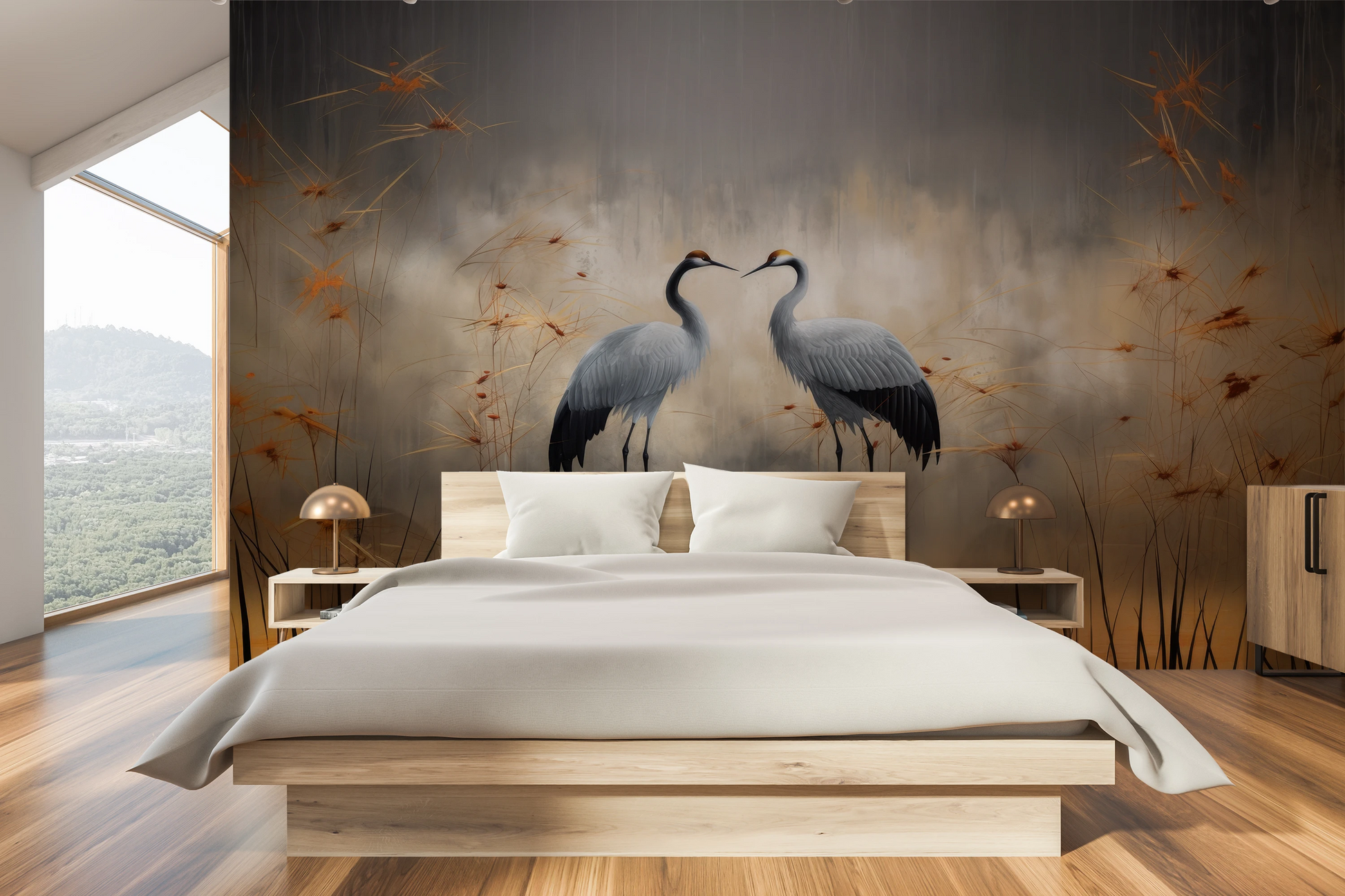 Zdjęcie prezentuje aranżację wnętrza z użyciem fototapety o nazwie Twilight Serenity pokazanej w aranżacji wnętrza.