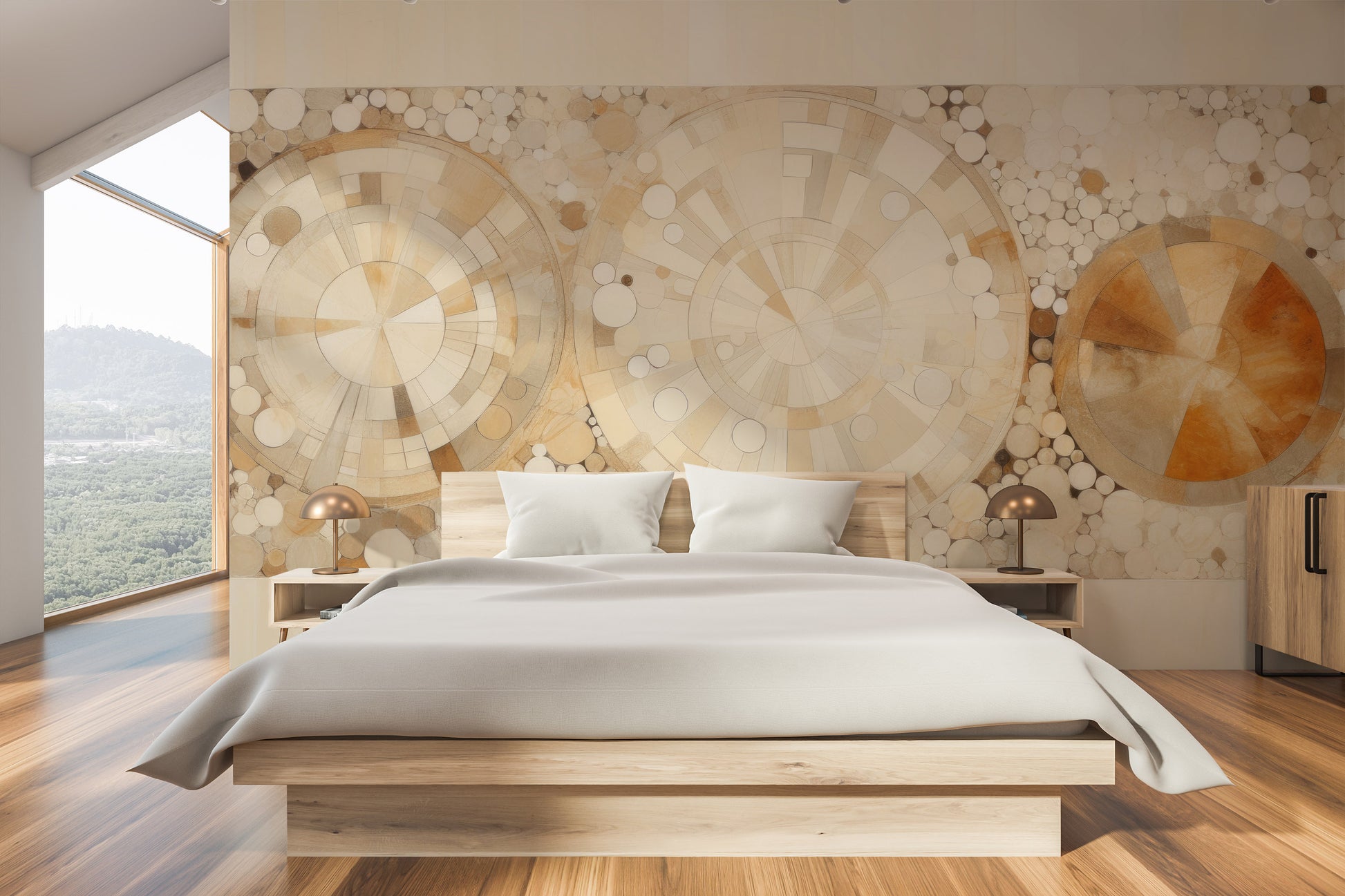 Wzór fototapety o nazwie SUNSTONE RADIANCE PATTERN pokazanej w kontekście pomieszczenia.