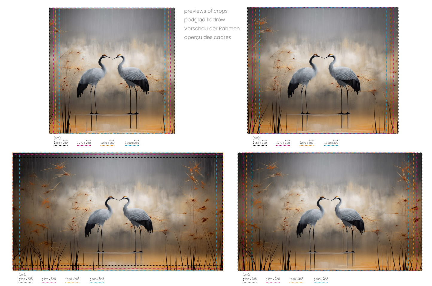 Na obrazie znajduje się prezentacja przykładowych rozmiarów fototapety o nazwie Twilight Serenity. Rozmiar fototapety jest dowolny.