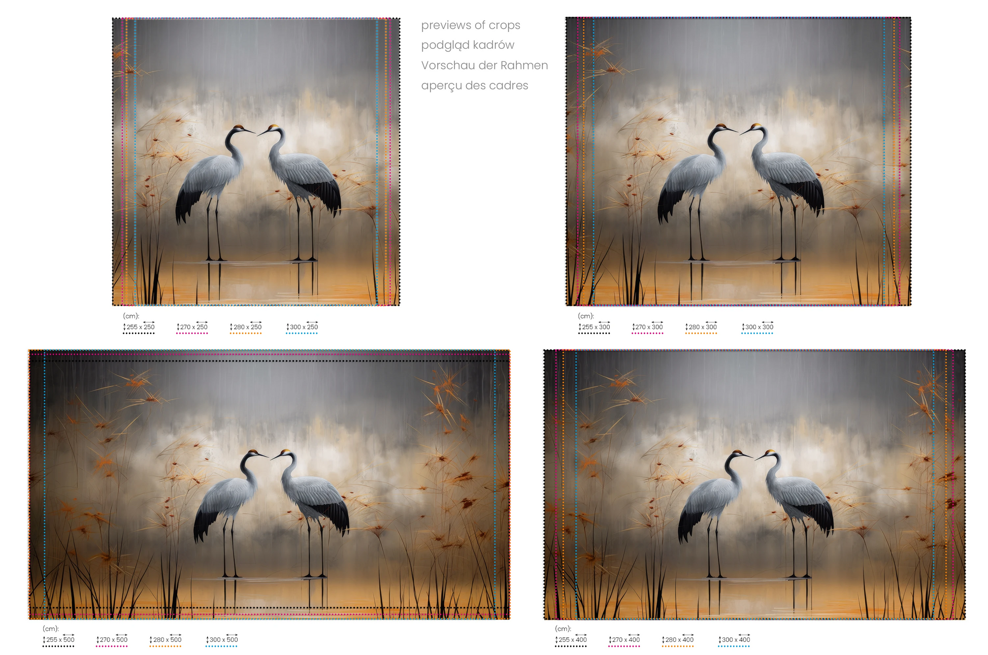 Na obrazie znajduje się prezentacja przykładowych rozmiarów fototapety o nazwie Twilight Serenity. Rozmiar fototapety jest dowolny.