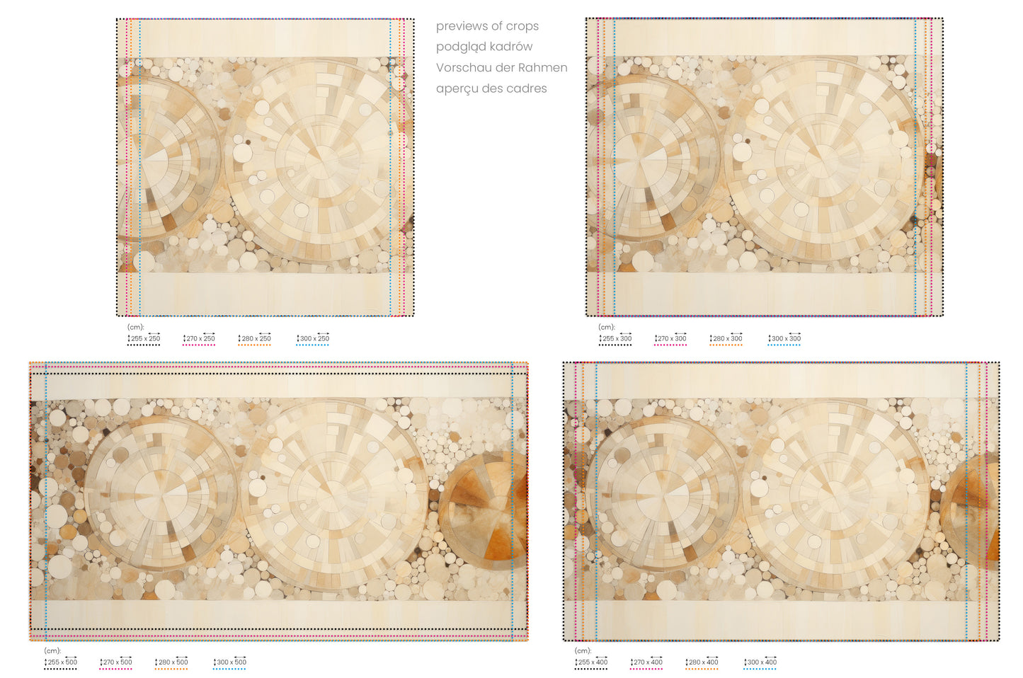 Na obrazie znajduje się prezentacja przykładowych rozmiarów fototapety o nazwie SUNSTONE RADIANCE PATTERN. Rozmiar fototapety jest dowolny.