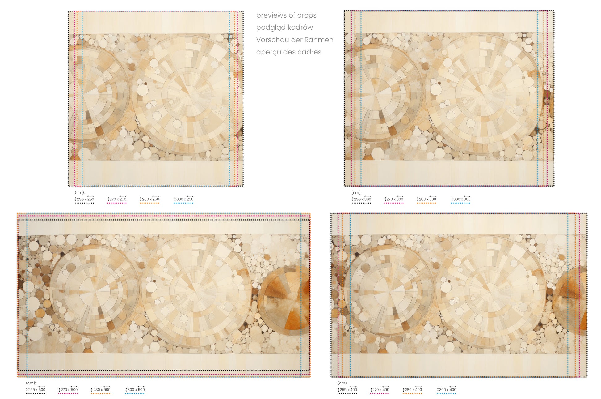 Na obrazie znajduje się prezentacja przykładowych rozmiarów fototapety o nazwie SUNSTONE RADIANCE PATTERN. Rozmiar fototapety jest dowolny.