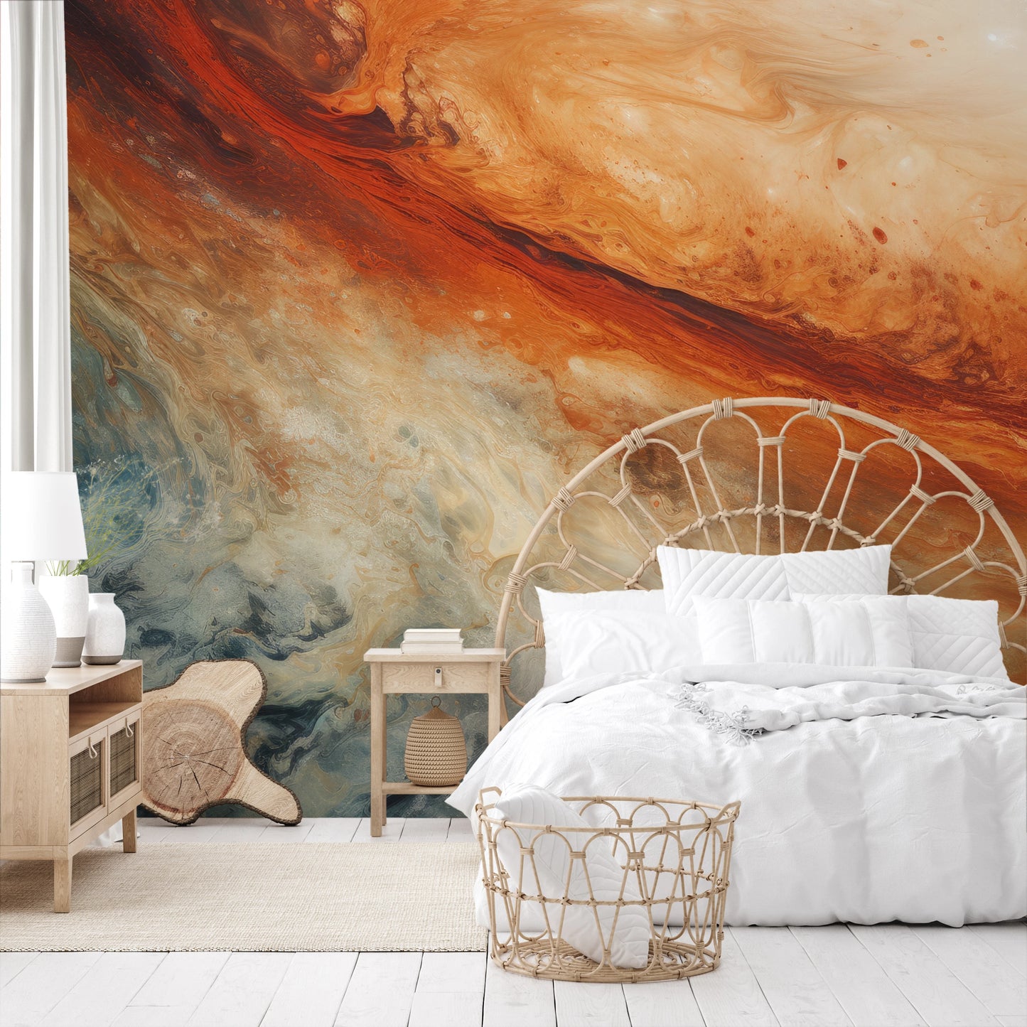 Zdjęcie prezentuje aranżację wnętrza z użyciem fototapety o nazwie Jupiter's Storm pokazanej w aranżacji wnętrza.