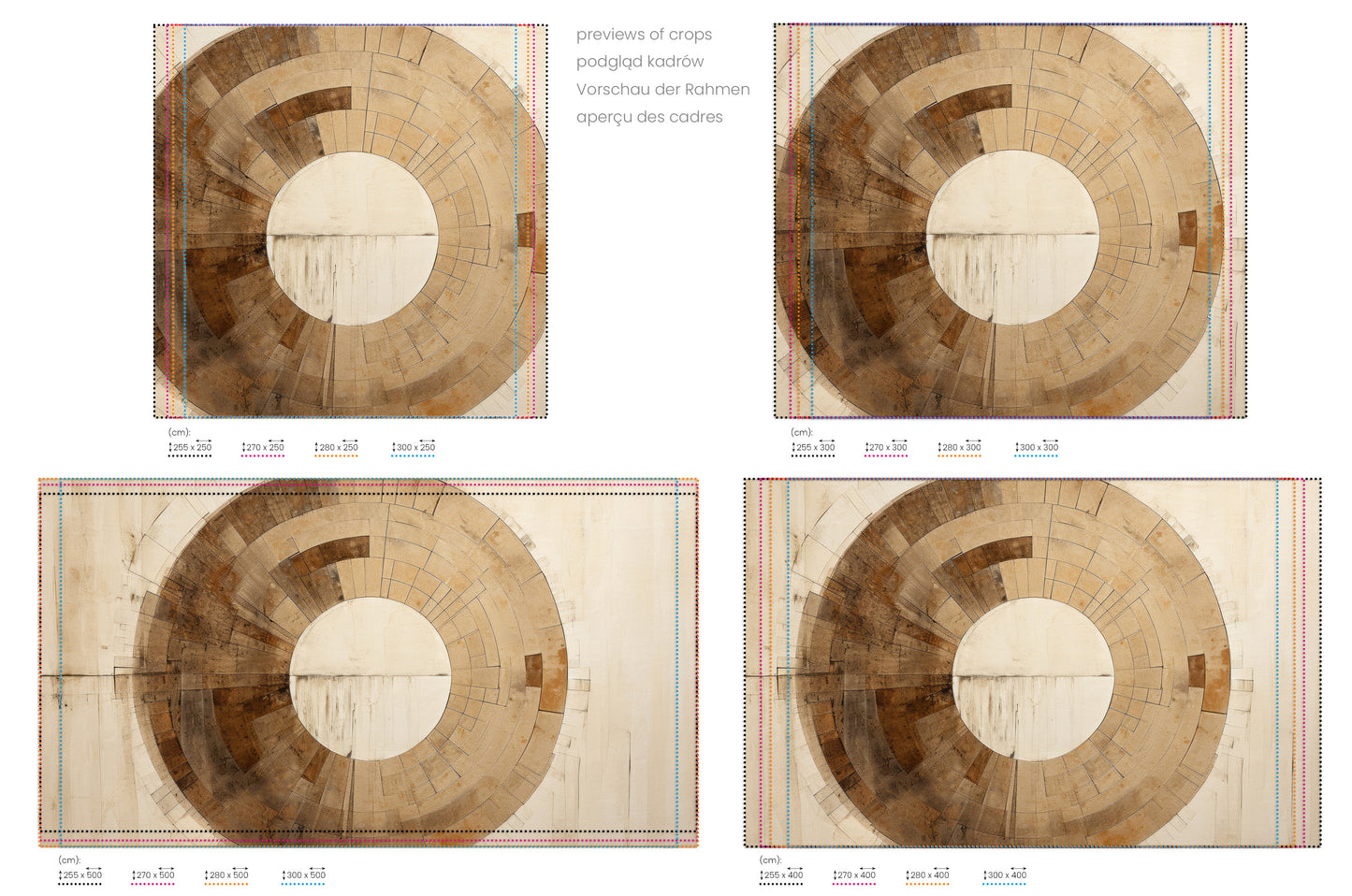 Na obrazie znajduje się prezentacja przykładowych rozmiarów fototapety o nazwie ANCIENT SUNDIAL ILLUSION. Rozmiar fototapety jest dowolny.