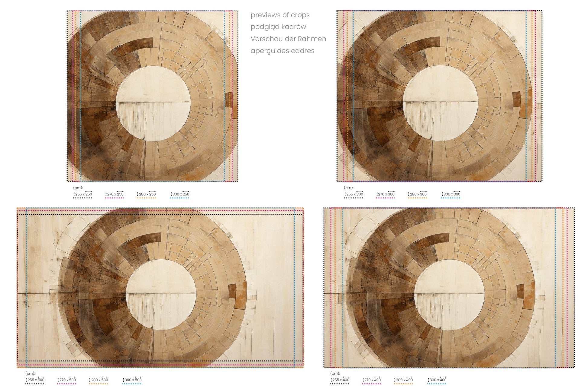 Na obrazie znajduje się prezentacja przykładowych rozmiarów fototapety o nazwie ANCIENT SUNDIAL ILLUSION. Rozmiar fototapety jest dowolny.