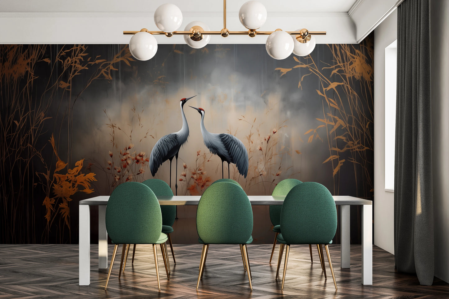 Zdjęcie prezentuje aranżację wnętrza z użyciem fototapety o nazwie Dawn's Embrace pokazanej w aranżacji wnętrza.