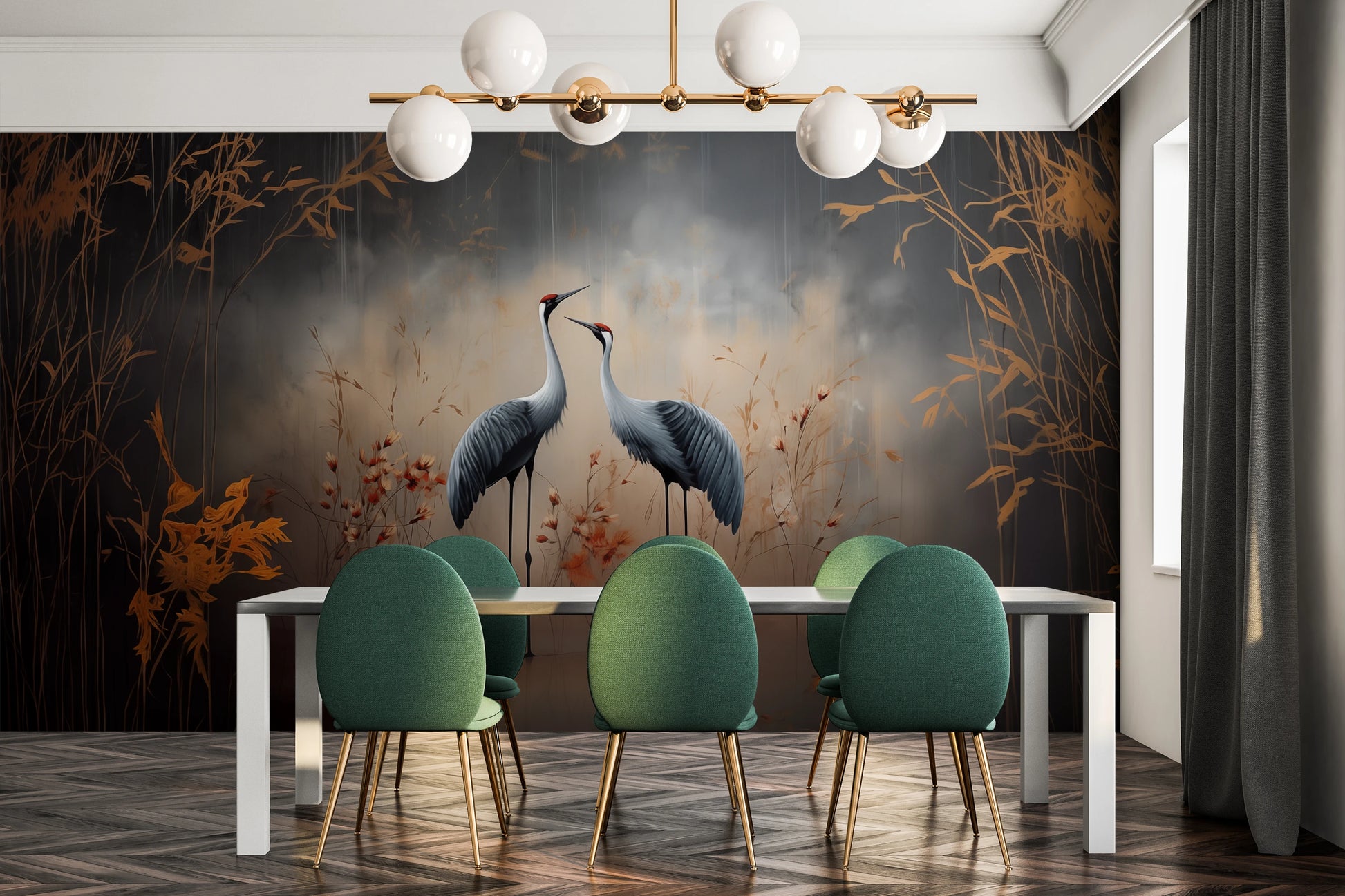 Zdjęcie prezentuje aranżację wnętrza z użyciem fototapety o nazwie Dawn's Embrace pokazanej w aranżacji wnętrza.