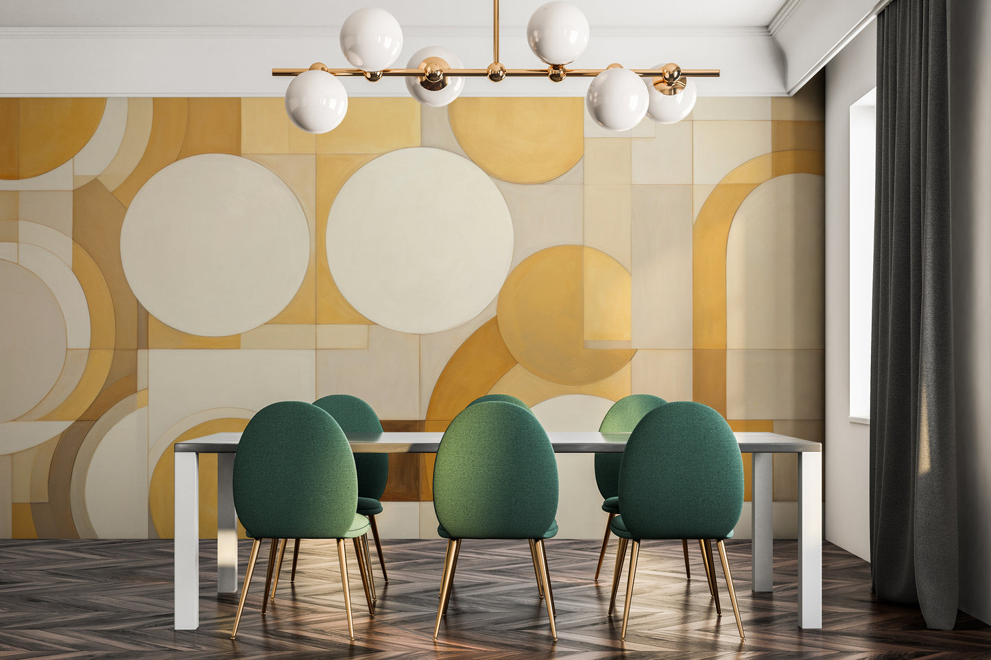 Fototapeta artystyczna o nazwie GEOMETRIC SOLAR FLARES pokazana w aranżacji wnętrza.