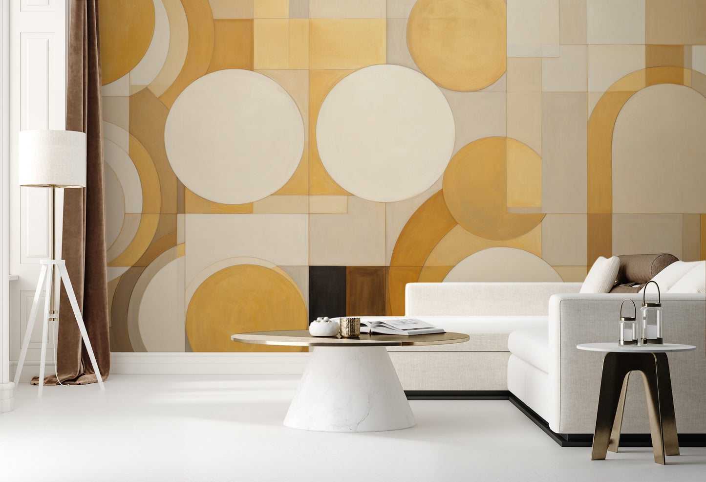 Wzór fototapety artystycznej o nazwie GEOMETRIC SOLAR FLARES pokazanej w aranżacji wnętrza.