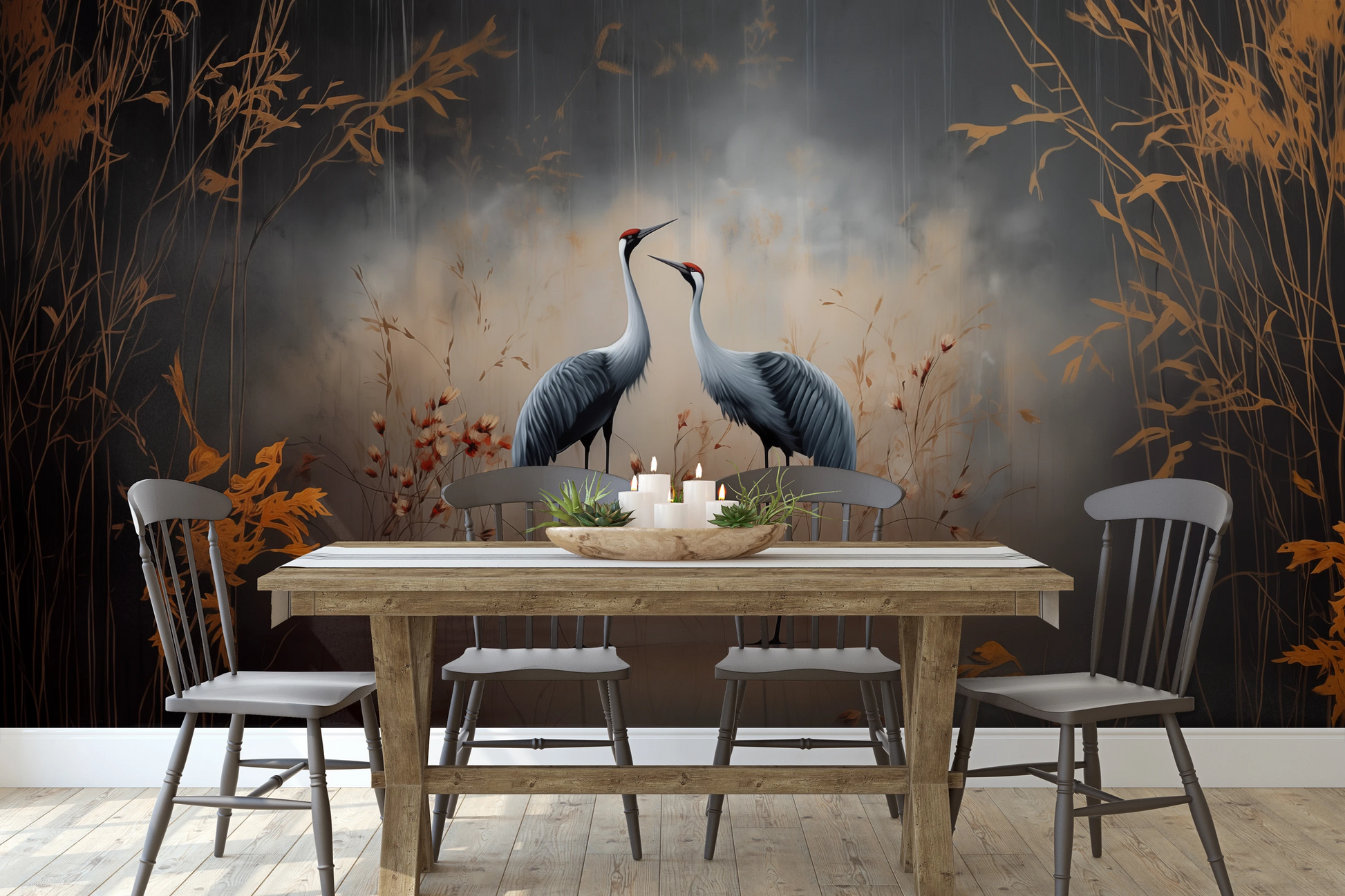 Wzór fototapety artystycznej o nazwie Dawn's Embrace pokazanej w aranżacji wnętrza.