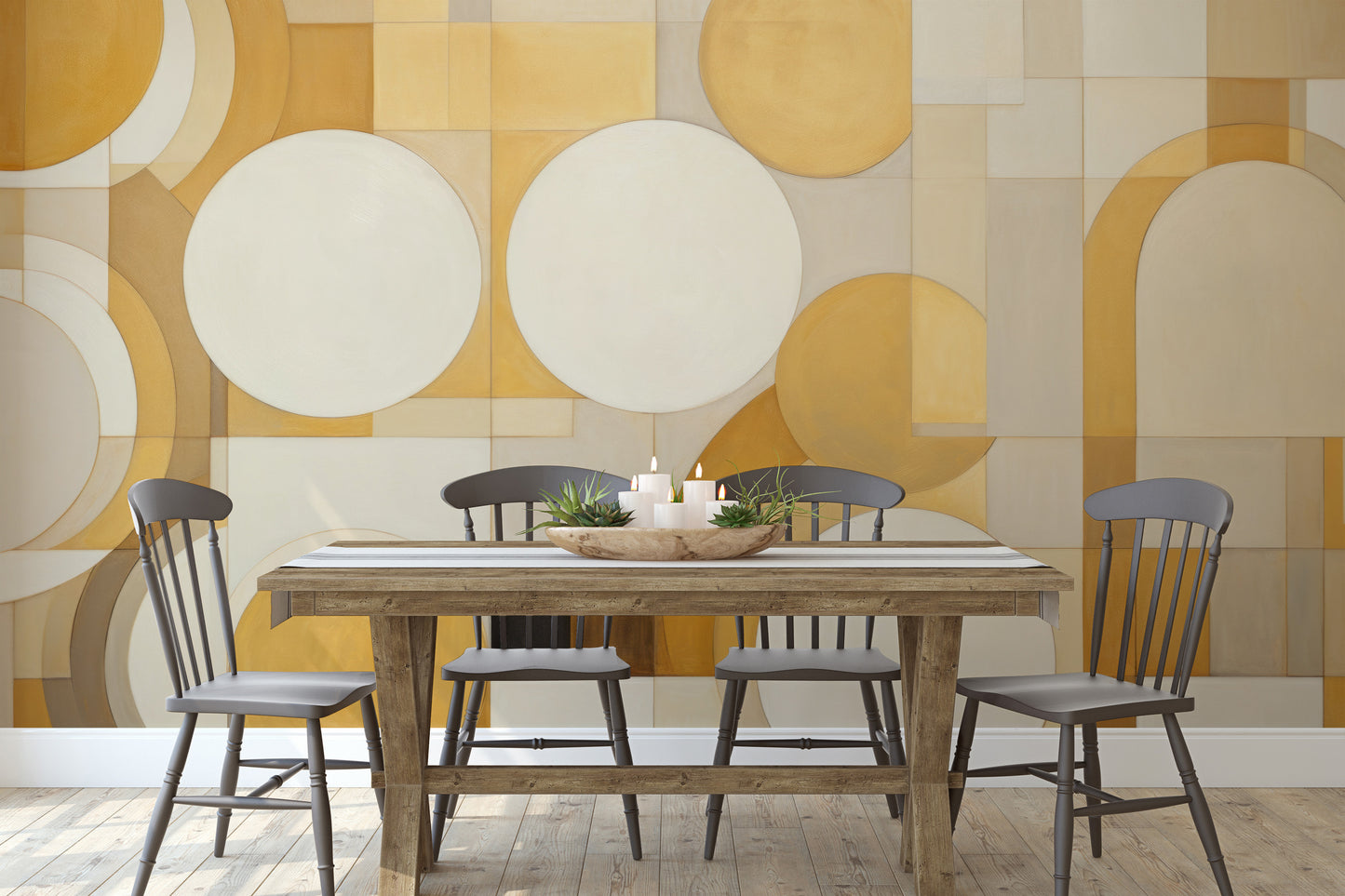 Zdjęcie prezentuje aranżację wnętrza z użyciem fototapety o nazwie GEOMETRIC SOLAR FLARES pokazanej w aranżacji wnętrza.