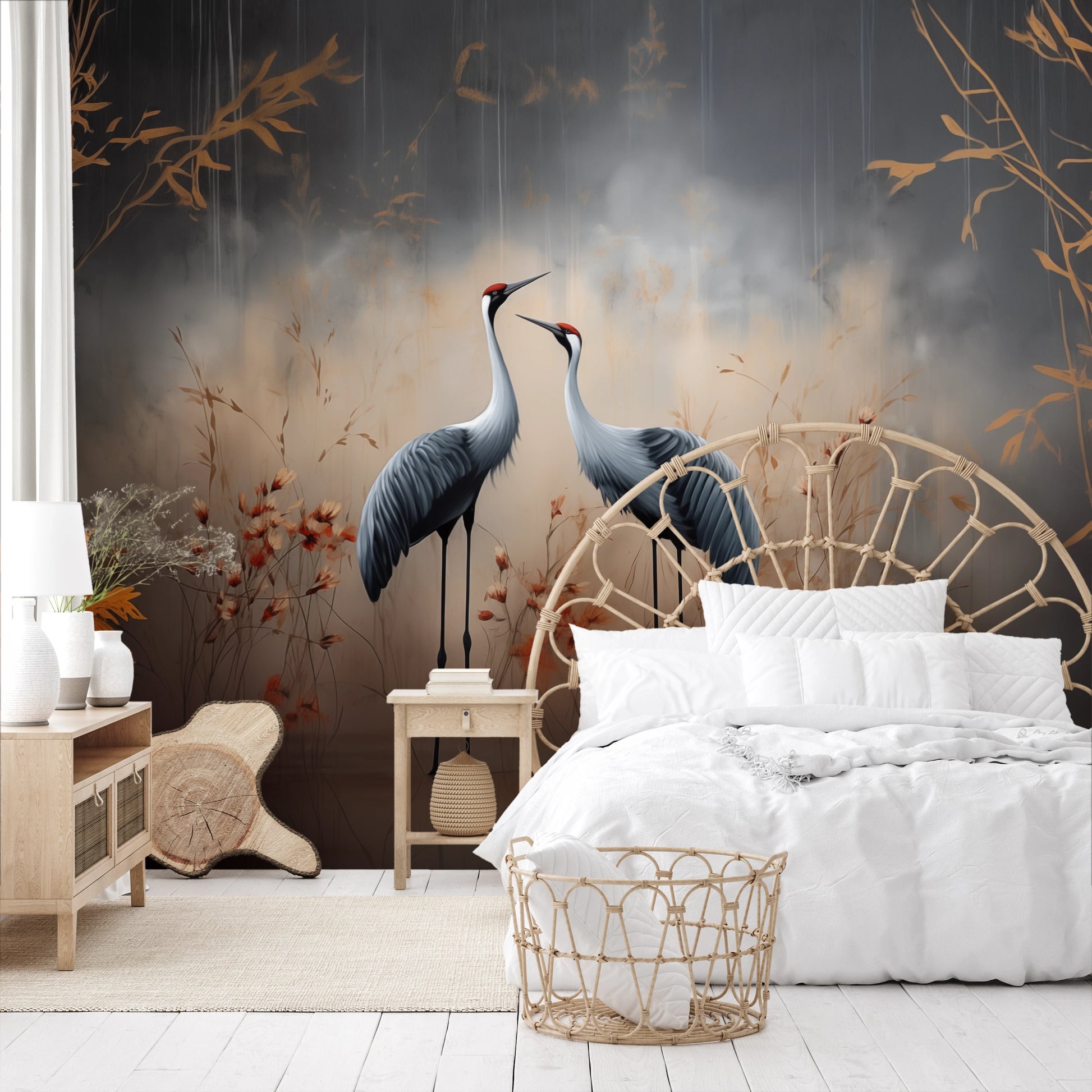 Wzór fototapety malowanej o nazwie Dawn's Embrace pokazanej w aranżacji wnętrza.