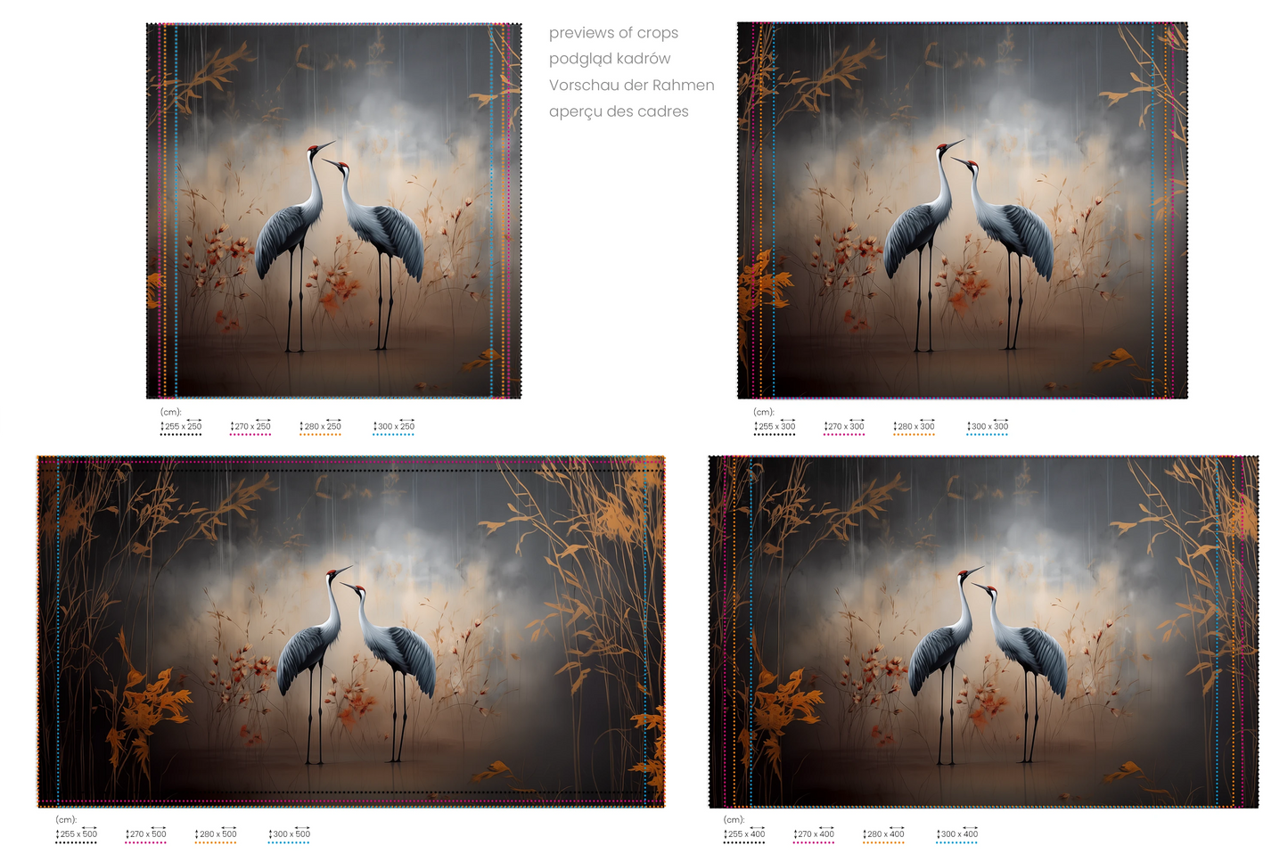 Na obrazie znajduje się prezentacja przykładowych rozmiarów fototapety o nazwie Dawn's Embrace. Rozmiar fototapety jest dowolny.