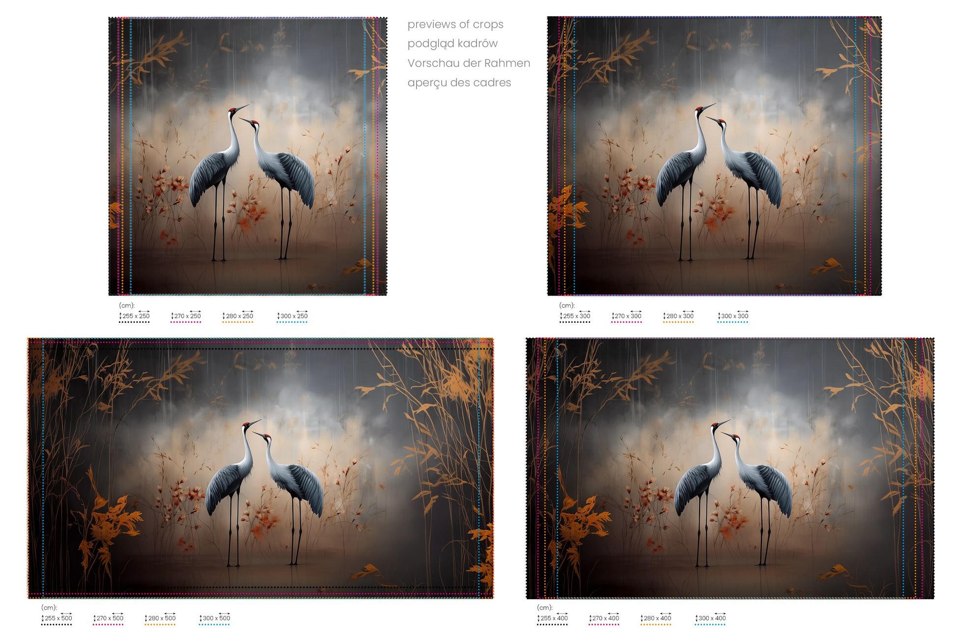 Na obrazie znajduje się prezentacja przykładowych rozmiarów fototapety o nazwie Dawn's Embrace. Rozmiar fototapety jest dowolny.