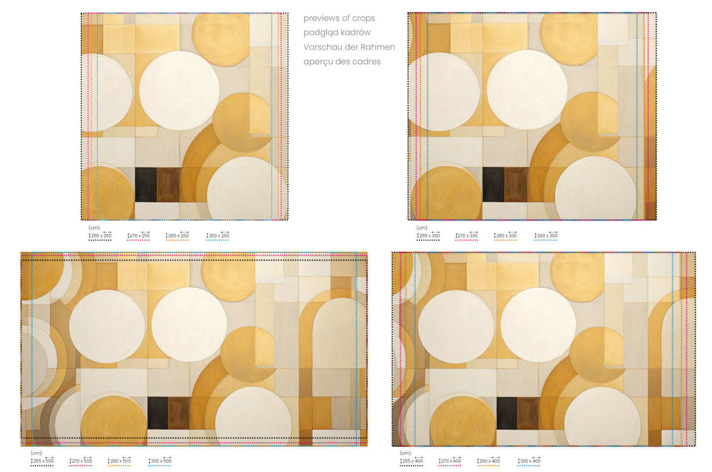 Na obrazie znajduje się prezentacja przykładowych rozmiarów fototapety o nazwie GEOMETRIC SOLAR FLARES. Rozmiar fototapety jest dowolny.