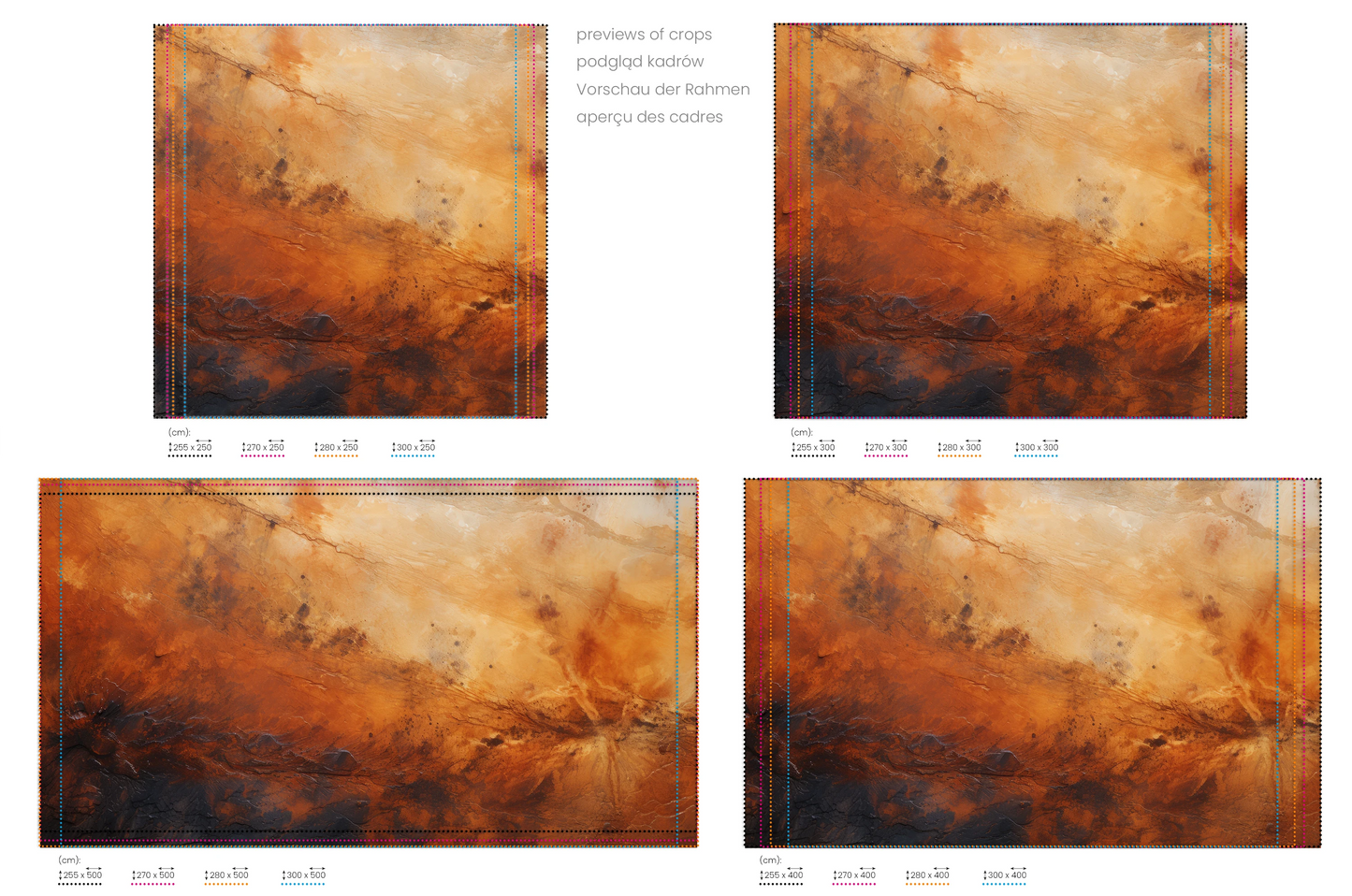 Na obrazie znajduje się prezentacja przykładowych rozmiarów fototapety o nazwie Martian Winds. Rozmiar fototapety jest dowolny.