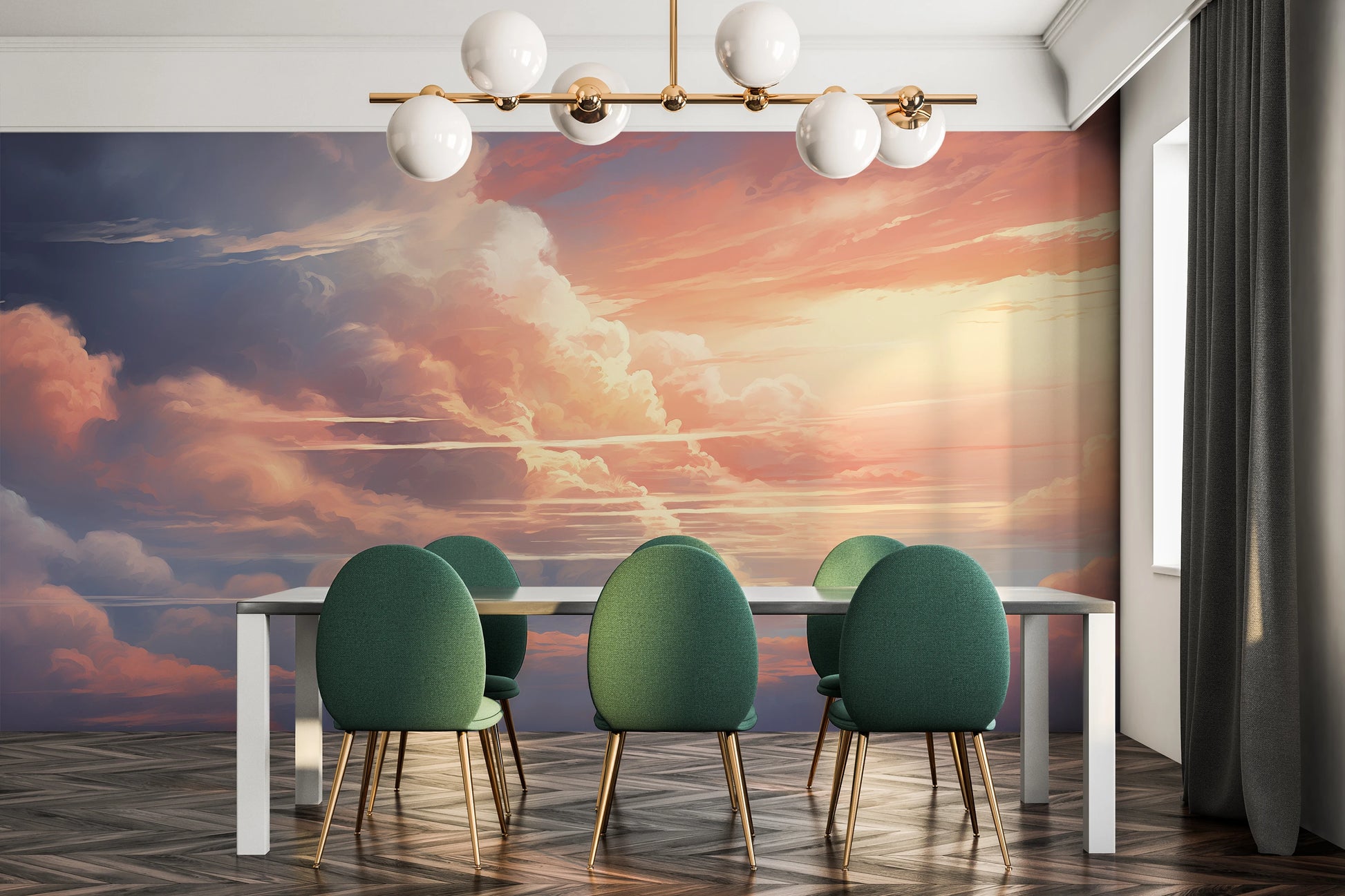 Wzór fototapety malowanej o nazwie Blush Horizon pokazanej w aranżacji wnętrza.