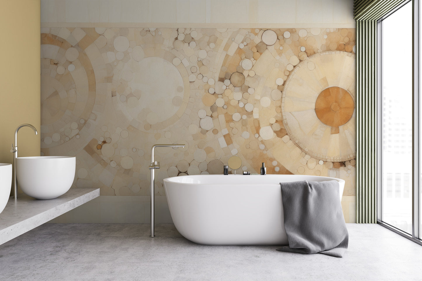 Fototapeta artystyczna o nazwie NEUTRAL TONAL ORBITAL BLEND pokazana w aranżacji wnętrza.