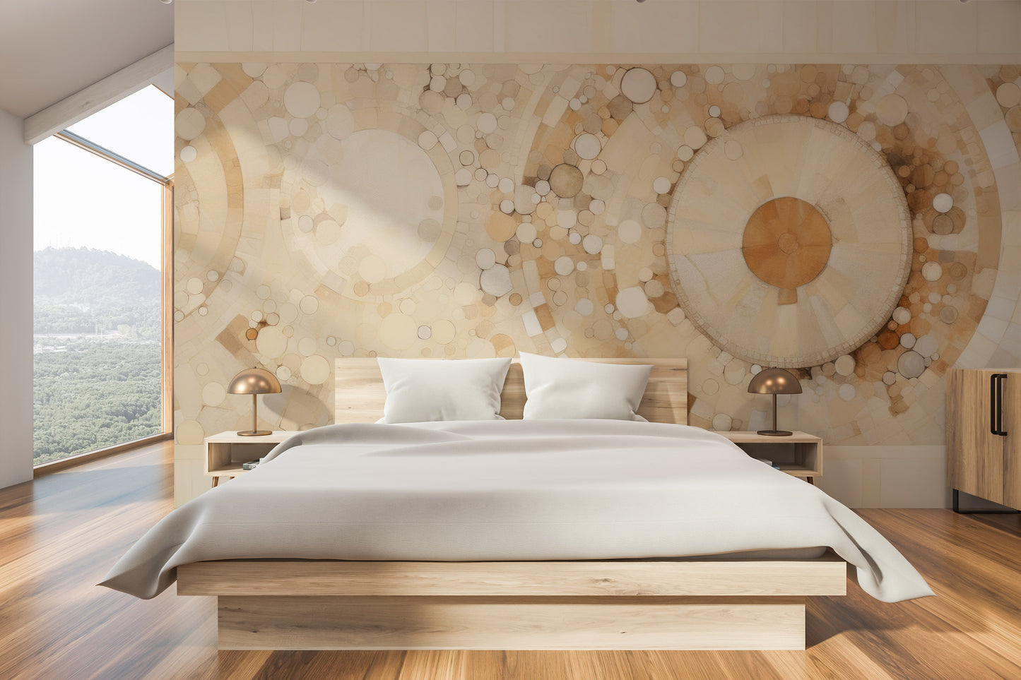 Wzór fototapety o nazwie NEUTRAL TONAL ORBITAL BLEND pokazanej w kontekście pomieszczenia.