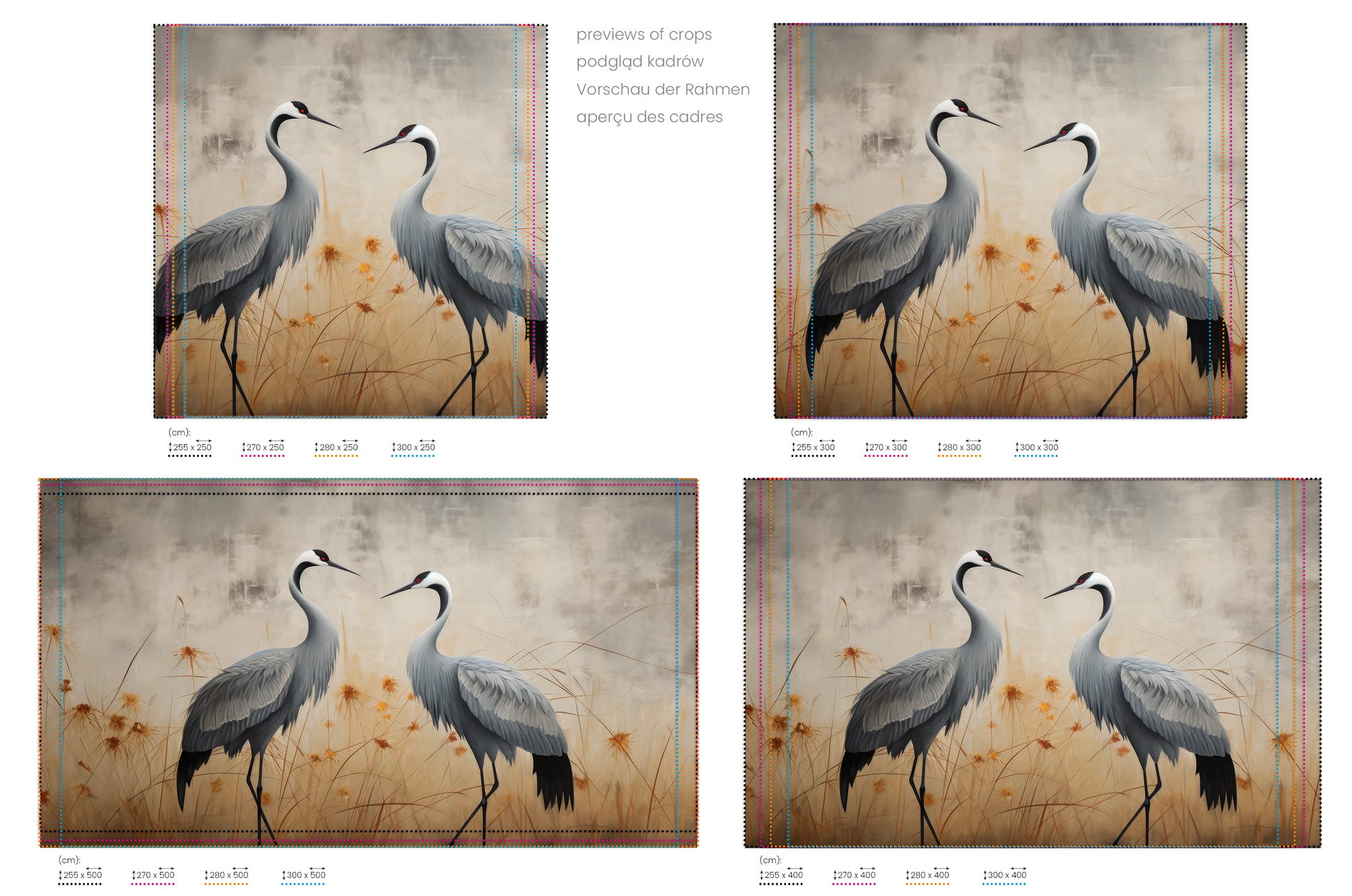 Na obrazie znajduje się prezentacja przykładowych rozmiarów fototapety o nazwie Morning Calm. Rozmiar fototapety jest dowolny.