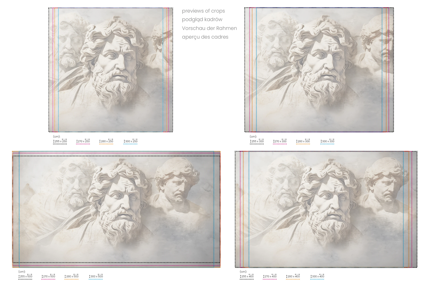 Na obrazie znajduje się prezentacja przykładowych rozmiarów fototapety o nazwie Meditation of Heraclitus. Rozmiar fototapety jest dowolny.