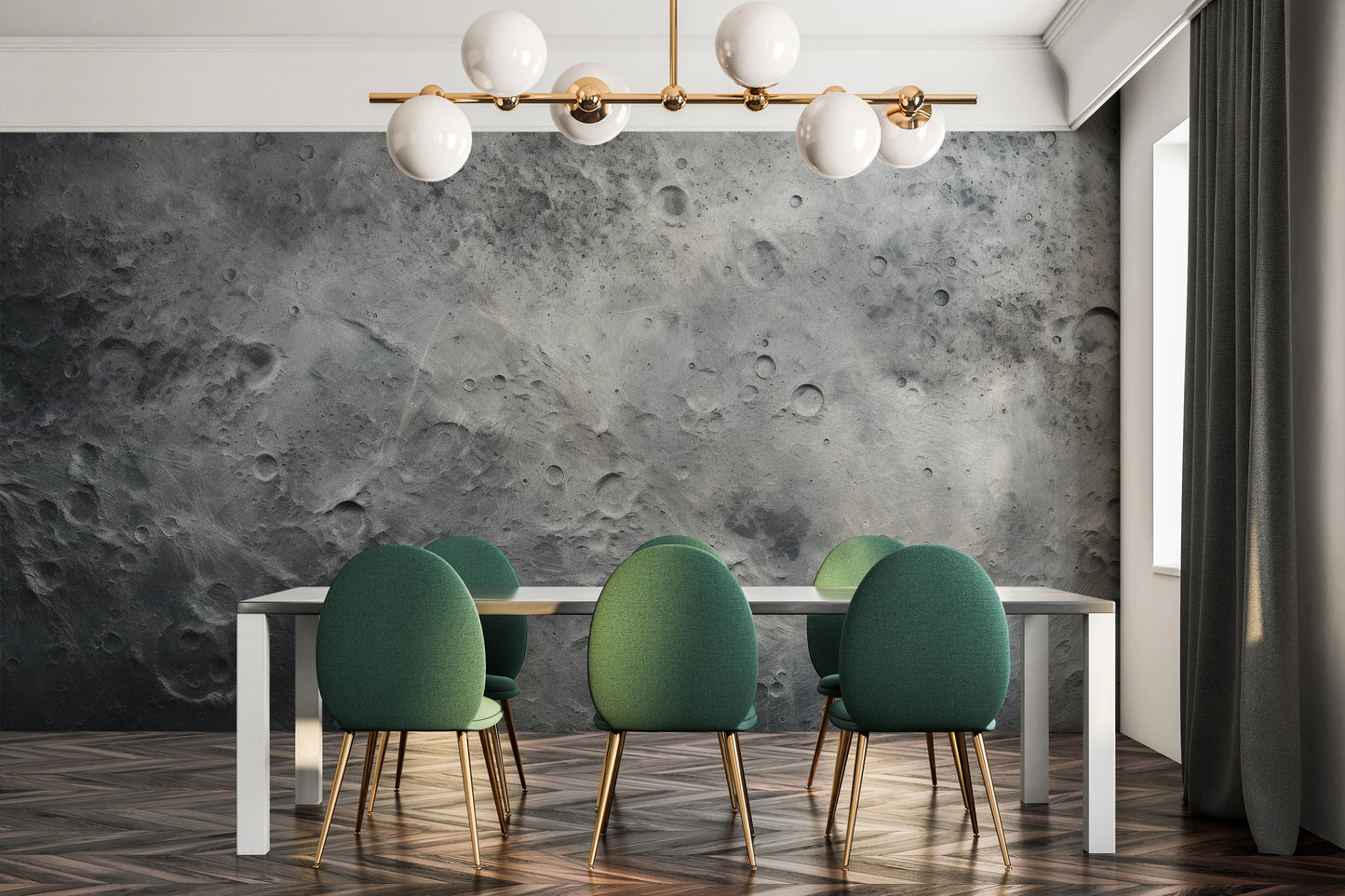 Wzór fototapety o nazwie Lunar Craters pokazanej w kontekście pomieszczenia.