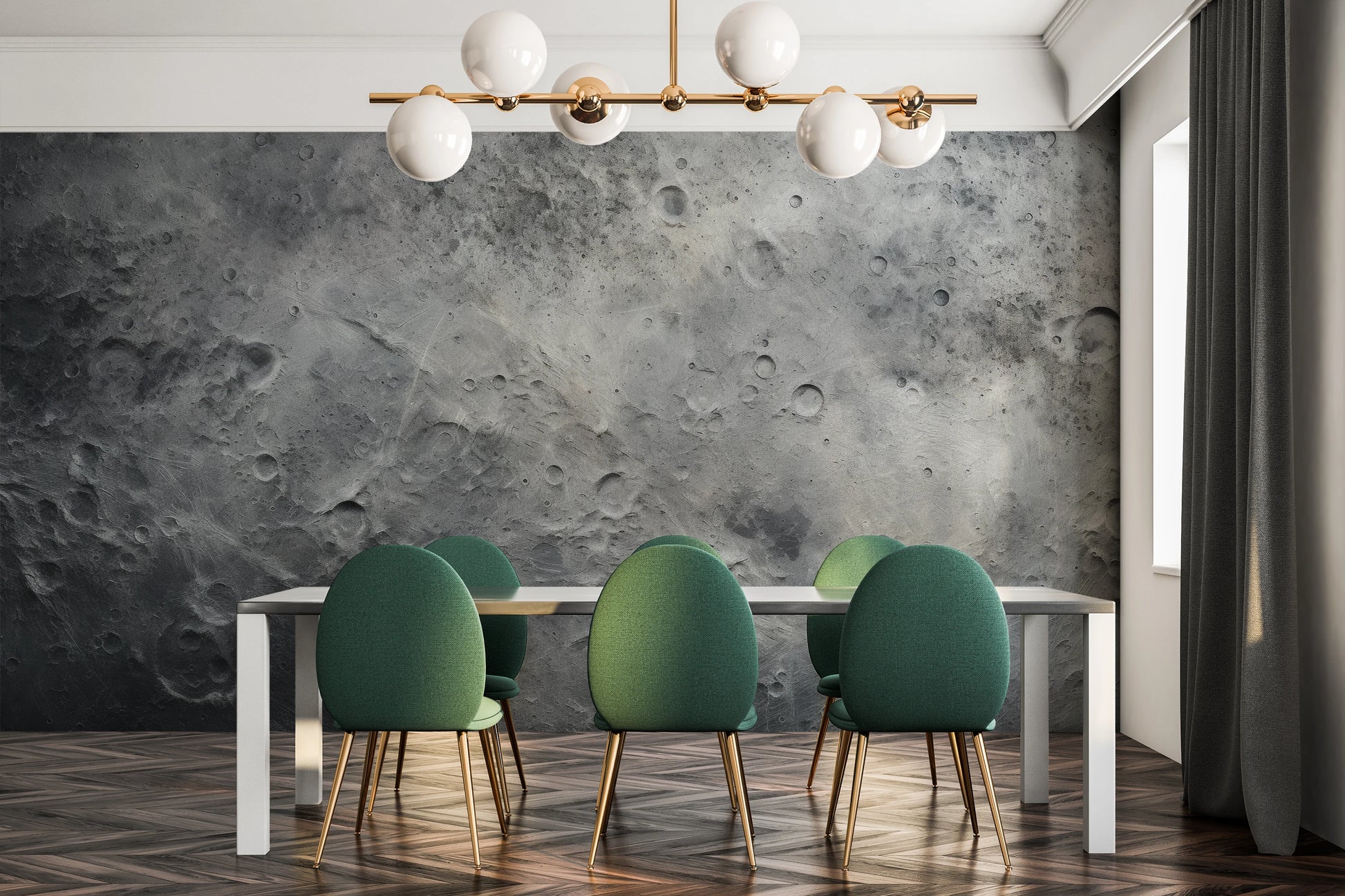 Wzór fototapety o nazwie Lunar Craters pokazanej w kontekście pomieszczenia.