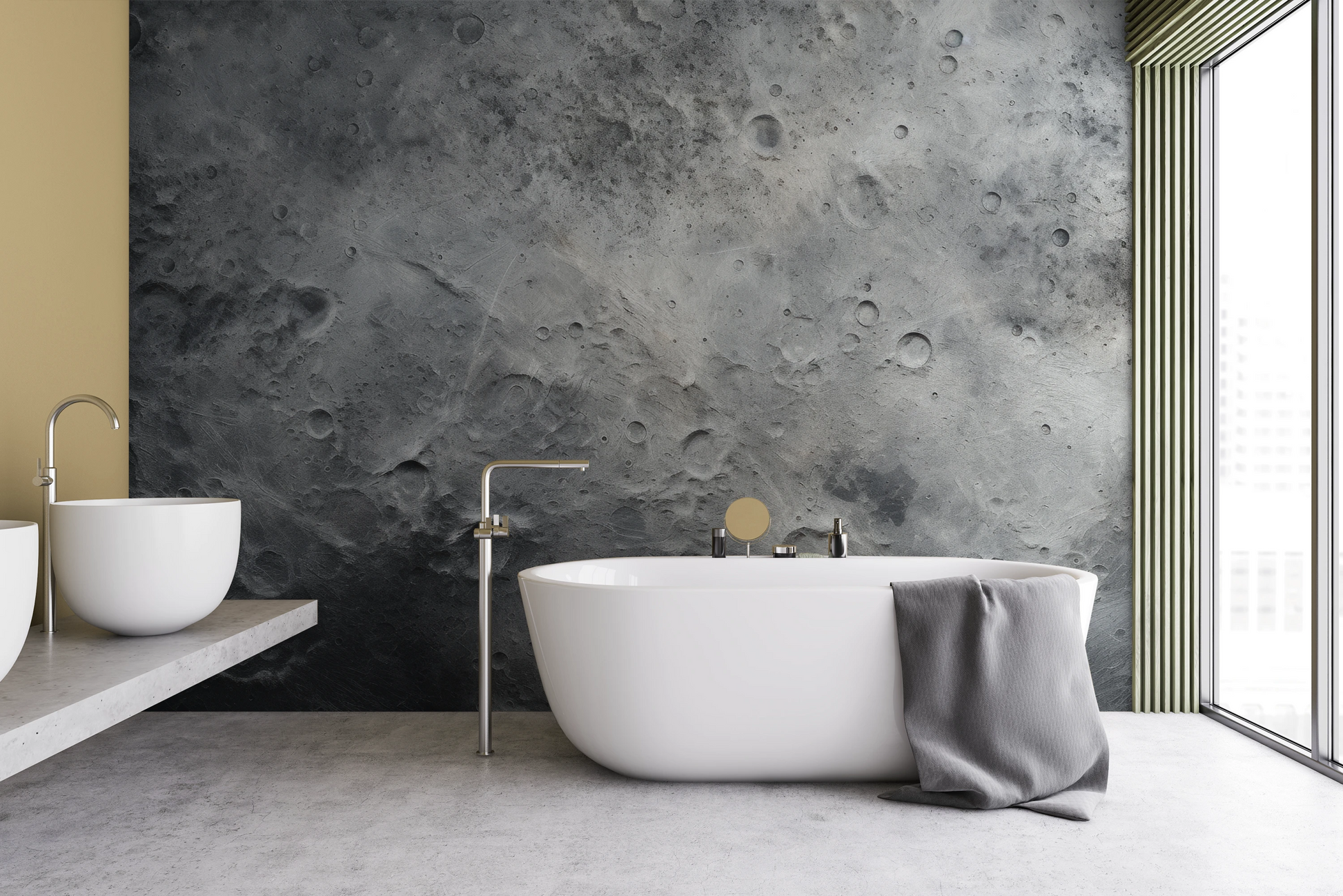 Wzór fototapety malowanej o nazwie Lunar Craters pokazanej w aranżacji wnętrza.