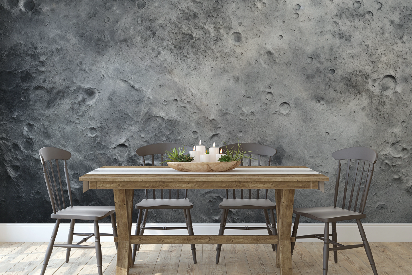 Wzór fototapety artystycznej o nazwie Lunar Craters pokazanej w aranżacji wnętrza.