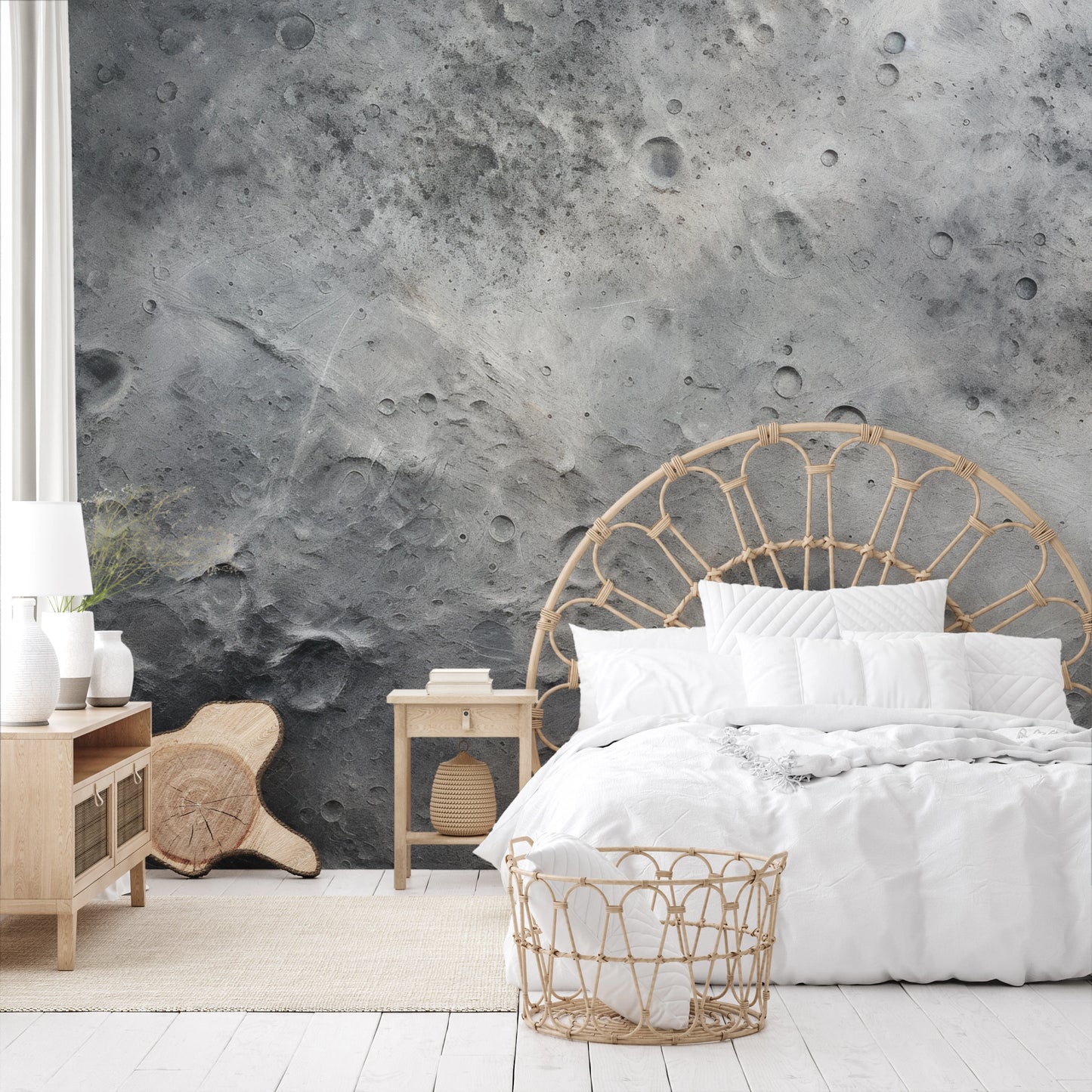 Zdjęcie prezentuje aranżację wnętrza z użyciem fototapety o nazwie Lunar Craters pokazanej w aranżacji wnętrza.