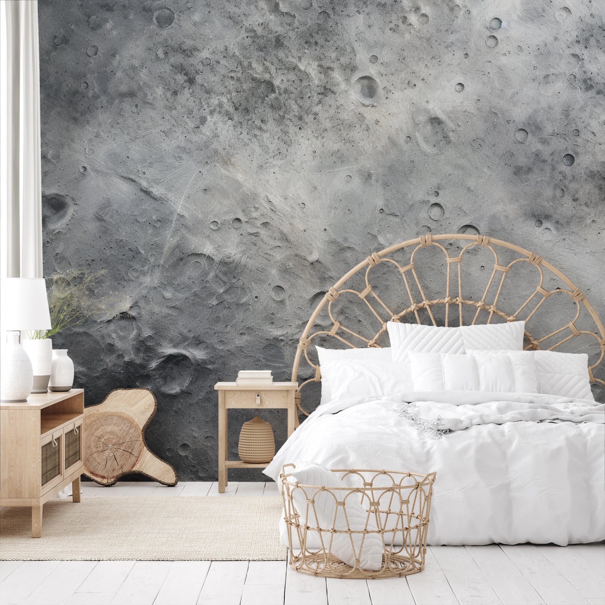 Zdjęcie prezentuje aranżację wnętrza z użyciem fototapety o nazwie Lunar Craters pokazanej w aranżacji wnętrza.