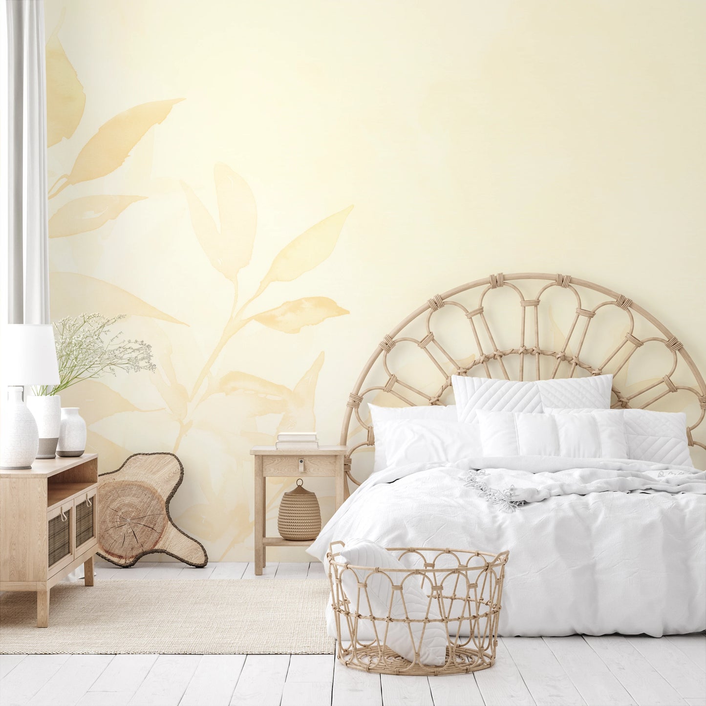 Wzór fototapety artystycznej o nazwie Golden Tranquility pokazanej w aranżacji wnętrza.